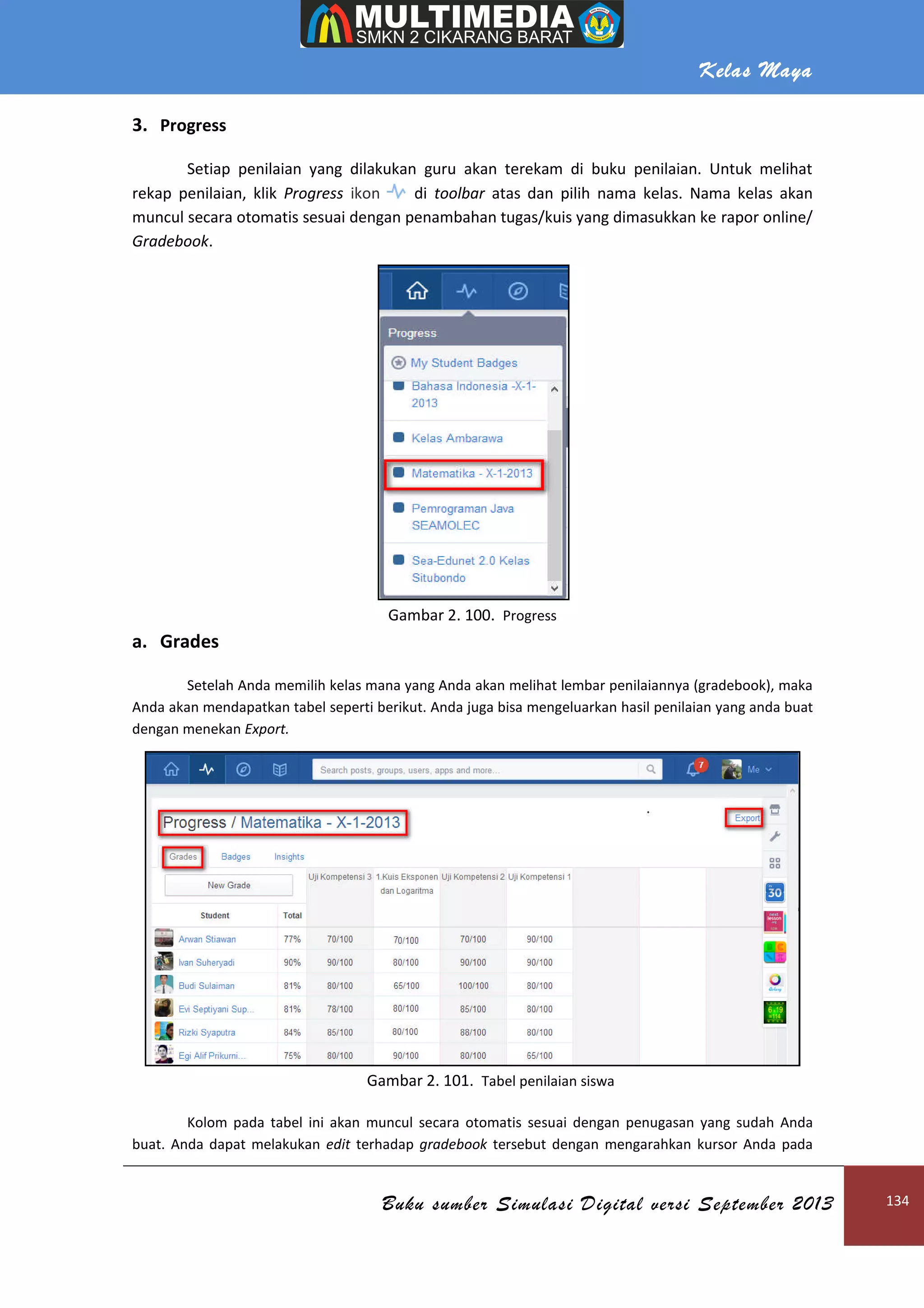 Kelas Maya
Buku sumber Simulasi Digital versi September 2013 134
3. Progress
Setiap penilaian yang dilakukan guru akan terekam di buku penilaian. Untuk melihat
rekap penilaian, klik Progress ikon di toolbar atas dan pilih nama kelas. Nama kelas akan
muncul secara otomatis sesuai dengan penambahan tugas/kuis yang dimasukkan ke rapor online/
Gradebook.
Gambar 2. 100. Progress
a. Grades
Setelah Anda memilih kelas mana yang Anda akan melihat lembar penilaiannya (gradebook), maka
Anda akan mendapatkan tabel seperti berikut. Anda juga bisa mengeluarkan hasil penilaian yang anda buat
dengan menekan Export.
Gambar 2. 101. Tabel penilaian siswa
Kolom pada tabel ini akan muncul secara otomatis sesuai dengan penugasan yang sudah Anda
buat. Anda dapat melakukan edit terhadap gradebook tersebut dengan mengarahkan kursor Anda pada
 