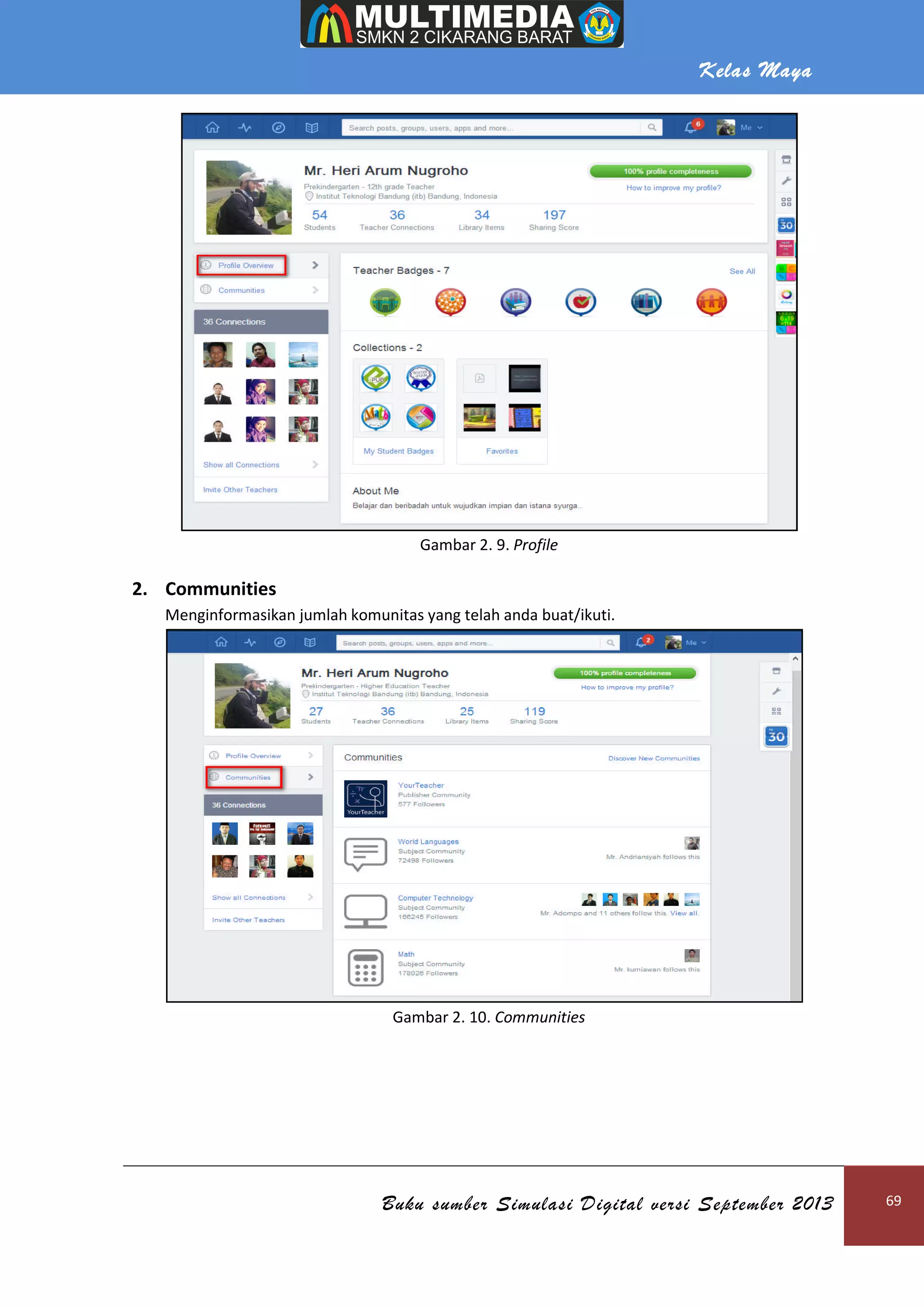 Kelas Maya
Buku sumber Simulasi Digital versi September 2013 69
Gambar 2. 9. Profile
2. Communities
Menginformasikan jumlah komunitas yang telah anda buat/ikuti.
Gambar 2. 10. Communities
 