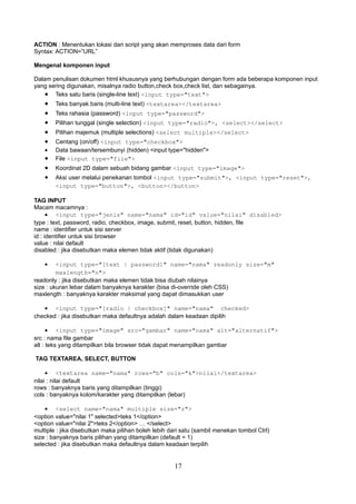 ACTION : Menentukan lokasi dari script yang akan memproses data dari form
Syntax: ACTION=”URL”
Mengenal komponen input
Dalam penulisan dokumen html khususnya yang berhubungan dengan form ada beberapa komponen input
yang sering digunakan, misalnya radio button,check box,check list, dan sebagainya.
• Teks satu baris (single-line text) <input type="text">

•
•
•
•
•
•

•
•
•

Teks banyak baris (multi-line text) <textarea></textarea>
Teks rahasia (password) <input type="password">
Pilihan tunggal (single selection) <input type="radio">, <select></select>
Pilihan majemuk (multiple selections) <select multiple></select>
Centang (on/off) <input type="checkbox">
Data bawaan/tersembunyi (hidden) <input type="hidden">
File <input type="file">
Koordinat 2D dalam sebuah bidang gambar <input type="image">
Aksi user melalui penekanan tombol <input type="submit">, <input type="reset">,
<input type="button">, <button></button>

TAG INPUT
Macam macamnya :
• <input type="jenis" name="nama" id="id" value="nilai" disabled>
type : text, password, radio, checkbox, image, submit, reset, button, hidden, file
name : identifier untuk sisi server
id : identifier untuk sisi browser
value : nilai default
disabled : jika disebutkan maka elemen tidak aktif (tidak digunakan)
•

<input type="[text | password]" name="nama" readonly size="m"
maxlength="n">
readonly : jika disebutkan maka elemen tidak bisa diubah nilainya
size : ukuran lebar dalam banyaknya karakter (bisa di-override oleh CSS)
maxlength : banyaknya karakter maksimal yang dapat dimasukkan user
• <input type="[radio | checkbox]" name="nama" checked>
checked : jika disebutkan maka defaultnya adalah dalam keadaan dipilih
• <input type="image" src="gambar" name="nama" alt="alternatif">
src : nama file gambar
alt : teks yang ditampilkan bila browser tidak dapat menampilkan gambar
TAG TEXTAREA, SELECT, BUTTON
• <textarea name="nama" rows="b" cols="k">nilai</textarea>
nilai : nilai default
rows : banyaknya baris yang ditampilkan (tinggi)
cols : banyaknya kolom/karakter yang ditampilkan (lebar)
• <select name="nama" multiple size="r">
<option value="nilai 1" selected>teks 1</option>
<option value="nilai 2">teks 2</option> … </select>
multiple : jika disebutkan maka pilihan boleh lebih dari satu (sambil menekan tombol Ctrl)
size : banyaknya baris pilihan yang ditampilkan (default = 1)
selected : jika disebutkan maka defaultnya dalam keadaan terpilih

17

 