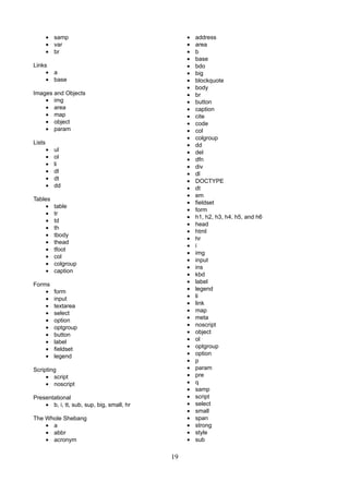 • samp
• var
• br

•
•
•
•
•
•
•
•
•
•
•
•
•
•
•
•
•
•
•
•
•
•
•
•
•
•
•
•
•
•
•
•
•
•
•
•
•
•
•
•
•
•
•
•
•
•
•
•
•
•
•
•
•
•
•
•
•

Links
• a
• base
Images and Objects
• img
• area
• map
• object
• param
Lists

•
•
•
•
•
•

ul
ol
li
dl
dt
dd

Tables
•
•
•
•
•
•
•
•
•
•

table
tr
td
th
tbody
thead
tfoot
col
colgroup
caption

Forms
•
•
•
•
•
•
•
•
•
•

form
input
textarea
select
option
optgroup
button
label
fieldset
legend

Scripting
• script
• noscript
Presentational
• b, i, tt, sub, sup, big, small, hr
The Whole Shebang
• a
• abbr
• acronym

19

address
area
b
base
bdo
big
blockquote
body
br
button
caption
cite
code
col
colgroup
dd
del
dfn
div
dl
DOCTYPE
dt
em
fieldset
form
h1, h2, h3, h4, h5, and h6
head
html
hr
i
img
input
ins
kbd
label
legend
li
link
map
meta
noscript
object
ol
optgroup
option
p
param
pre
q
samp
script
select
small
span
strong
style
sub

 