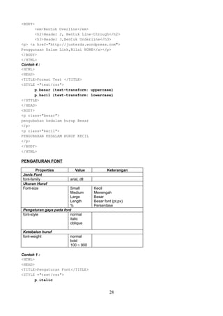 <BODY>
<em>Bentuk Overline</em>
<h2>Header 2, Bentuk Line-through</h2>
<h3>Header 3,Bentuk Underline</h3>
<p> <a href="http://justerda.wordpress.com">
Penggunaan Dalam Link,Nilai NONE</a></p>
</BODY>
</HTML>
Contoh 4 :
<HTML>
<HEAD>
<TITLE>Format Text </TITLE>
<STYLE ="text/css">
p.besar {text-transform: uppercase}
p.kecil {text-transform: lowercase}
</STYLE>
</HEAD>
<BODY>
<p class="besar">
pengubahan kedalam hurup Besar
</p>
<p class="kecil">
PENGUBAHAN KEDALAM HURUF KECIL
</p>
</BODY>
</HTML>

PENGATURAN FONT
Properties
Jenis Font
font-family
Ukuran Huruf
Font-size

Value
arial, dll

Small
Medium
Large
Length
%
Pengaturan gaya pada font
font-style
normal
italic
oblique
Ketebalan huruf
font-weight

Keterangan

Kecil
Menengah
Besar
Besar font (pt,px)
Persentase

normal
bold
100 ~ 900

Contoh 1 :
<HTML>
<HEAD>
<TITLE>Pengaturan Font</TITLE>
<STYLE ="text/css">
p.italic

28

 