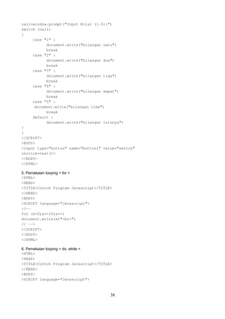 val1=window.prompt("Input Nilai (1-5):")
switch (val1)
{
case "1" :
document.write("bilangan satu")
break
case "2" :
document.write("bilangan dua")
break
case "3" :
document.write("bilangan tiga")
break
case "4" :
document.write("bilangan empat")
break
case "5" :
document.write("bilangan lima")
break
default :
document.write("bilangan lainnya")
}
}
</SCRIPT>
<BODY>
<input type="button" name="button1" value="switch"
onclick=test()>
</BODY>
</HTML>
5. Pemakaian looping < for >
<HTML>
<HEAD>
<TITLE>Contoh Program Javascript</TITLE>
</HEAD>
<BODY>
<SCRIPT language="Javascript">
<!-for (x=0;x<=10;x++)
document.write(x+"<br>")
// -->
</SCRIPT>
</BODY>
</HTML>
6. Pemakaian looping < do..while >
<HTML>
<HEAD>
<TITLE>Contoh Program Javascript</TITLE>
</HEAD>
<BODY>
<SCRIPT language="Javascript">

38

 