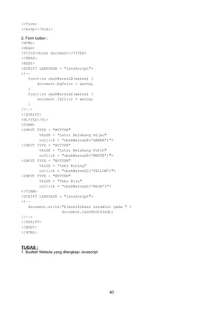 </form>
</body></html>
2. Form button :
<HTML>
<HEAD>
<TITLE>Objek document</TITLE>
</HEAD>
<BODY>
<SCRIPT LANGUAGE = "JavaScript">
<!-function ubahWarnaLB(warna) {
document.bgColor = warna;
}
function ubahWarnaLD(warna) {
document.fgColor = warna;
}
//-->
</SCRIPT>
<H1>TES</H1>
<FORM>
<INPUT TYPE = "BUTTON"
VALUE = "Latar Belakang Hijau"
onClick = "ubahWarnaLB('GREEN')">
<INPUT TYPE = "BUTTON"
VALUE = "Latar Belakang Putih"
onClick = "ubahWarnaLB('WHITE')">
<INPUT TYPE = "BUTTON"
VALUE = "Teks Kuning"
onClick = "ubahWarnaLD('YELLOW')">
<INPUT TYPE = "BUTTON"
VALUE = "Teks Biru"
onClick = "ubahWarnaLD('BLUE')">
</FORM>
<SCRIPT LANGUAGE = "JavaScript">
<!-document.write("Dimodifikasi terakhir pada " +
document.lastModified);
//-->
</SCRIPT>
</BODY>
</HTML>

TUGAS :
1. Buatlah Website yang dilengkapi Javascript

40

 