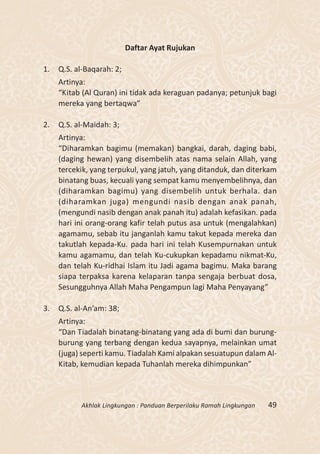 Daftar Ayat Rujukan

1.   Q.S. al-Baqarah: 2;
     Artinya:
     “Kitab (Al Quran) ini tidak ada keraguan padanya; petunjuk bagi
     mereka yang bertaqwa”

2.   Q.S. al-Maidah: 3;
     Artinya:
     “Diharamkan bagimu (memakan) bangkai, darah, daging babi,
     (daging hewan) yang disembelih atas nama selain Allah, yang
     tercekik, yang terpukul, yang jatuh, yang ditanduk, dan diterkam
     binatang buas, kecuali yang sempat kamu menyembelihnya, dan
     (diharamkan bagimu) yang disembelih untuk berhala. dan
     (diharamkan juga) mengundi nasib dengan anak panah,
     (mengundi nasib dengan anak panah itu) adalah kefasikan. pada
     hari ini orang-orang kafir telah putus asa untuk (mengalahkan)
     agamamu, sebab itu janganlah kamu takut kepada mereka dan
     takutlah kepada-Ku. pada hari ini telah Kusempurnakan untuk
     kamu agamamu, dan telah Ku-cukupkan kepadamu nikmat-Ku,
     dan telah Ku-ridhai Islam itu Jadi agama bagimu. Maka barang
     siapa terpaksa karena kelaparan tanpa sengaja berbuat dosa,
     Sesungguhnya Allah Maha Pengampun lagi Maha Penyayang”

3.   Q.S. al-An’am: 38;
     Artinya:
     “Dan Tiadalah binatang-binatang yang ada di bumi dan burung-
     burung yang terbang dengan kedua sayapnya, melainkan umat
     (juga) seperti kamu. Tiadalah Kami alpakan sesuatupun dalam Al-
     Kitab, kemudian kepada Tuhanlah mereka dihimpunkan”



           Akhlak Lingkungan : Panduan Berperilaku Ramah Lingkungan   49
 