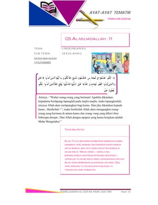 AYAT-AYAT TEMATIK
PGRA UIN SGD/3A
PEMBELAJARAN AL-QUR’AN ANAK USIA DINI Page 10
‫ﺎ‬ َ‫ﱡﻬ‬‫ـ‬‫ﻳ‬َ‫أ‬َ‫اﻟﱠﺬﻳﻦ‬‫ﻨُﻮا‬ َ‫آﻣ‬‫ِذا‬‫إ‬َ‫ﻗﻴﻞ‬ ْ‫ُﻢ‬‫ﻜ‬َ‫ﻟ‬‫ﻮا‬ُ‫ﱠﺤ‬‫َﺴ‬‫َﻔ‬‫ـ‬‫ﺗ‬ِ‫ﰲ‬ِ‫ﺠﺎﻟِﺲ‬َ‫ْﻤ‬‫ﻟ‬‫ا‬‫ﻮا‬ُ‫ﺤ‬ َ‫ْﺴ‬‫ﻓ‬‫َﺎ‬‫ﻓ‬ِ‫ﺢ‬ َ‫ْﺴ‬‫ﻔ‬َ‫ـ‬‫ﻳ‬ُ ‫ﱠ‬ ‫ا‬ْ‫ُﻢ‬‫ﻜ‬َ‫ﻟ‬َ‫و‬ ‫إِذا‬
َ‫ﻗﻴﻞ‬‫ُوا‬‫ُﺰ‬‫اﻧْﺸ‬‫ُوا‬‫ُﺰ‬‫َﺎﻧْﺸ‬‫ﻓ‬ِ‫ﻊ‬َ‫ﻓ‬ ْ‫ﺮ‬َ‫ـ‬‫ﻳ‬ُ ‫ﱠ‬ ‫ا‬َ‫اﻟﱠﺬﻳﻦ‬‫ﻨُﻮا‬ َ‫آﻣ‬ْ‫ُﻢ‬‫ﻜ‬ْ‫ﻨ‬ ِ‫ﻣ‬ َ‫و‬َ‫اﻟﱠﺬﻳﻦ‬‫ُوﺗُﻮا‬‫أ‬َ‫ْﻢ‬‫ﻠ‬ِ‫ْﻌ‬‫ﻟ‬‫ا‬ٍ‫َﺟﺎت‬‫َر‬‫د‬َ‫و‬ُ ‫ﱠ‬ ‫ا‬‫ﺎ‬ ِ‫ﲟ‬
َ‫ُﻮن‬‫ﻠ‬ َ‫ْﻤ‬‫َﻌ‬‫ـ‬‫ﺗ‬ٌ‫ﺒﲑ‬َ‫ﺧ‬
Artinya : “Wahai orang-orang yang beriman! Apabila dikatakan
kepadamu berlapang-lapanglah pada majlis-majlis, maka lapangkanlah,
niscaya Allah akan melapangkan bagi kamu. Dan jika dikatakan kepada
kamu ; Berdirilah ! ", maka berdirilah Allah akan mengangkat orang-
orang yang beriman di antara kamu dan orang~rang yang diberi ilmu
beberapa derajat ; Dan Allah dengan apapun yang kamu kerjakan adalah
Maha Mengetahui.”
QS.AL-MUJADALLAH : 11
TEMA : LINGKUNGAN KU
SUB TEMA : SEKOLAHKU
AISYAH NUR AZIZAH
1152100005
TAFSIR IBNU KATSIR
ALLAH TA’ALA BERFIRMAN MEMBERIKAN BIMBINGAN HAMBA-
HAMBANYA YANG BERIMAN,DAN MEMERINTAHKAN MEREKA
UNTUK BERBUAT BAIK SATU SAMA LAIN KETIKA BERADA DI
DALAM MAJLIS,”WAHAI ORANG – ORANG YANG
BERIMAN,APABILA DIKATAKAN KEPADAMU BERLAPANG –
LAPANGLAH DI DALAM MAJLIS MAKA LAPANGKANLAH,NISCAYA
ALLAH AKAN MEMBERIKAN KELAPANGAN UNTUKMU”,DAN
YANG DEMIKIAN ITU SESUNGGUHNYA BALASAN ITU
TERGANTUNG AMAL PERBUATAN.
 