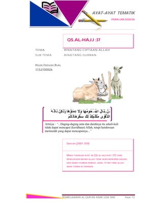 AYAT-AYAT TEMATIK
PGRA UIN SGD/3A
PEMBELAJARAN AL-QUR’AN ANAK USIA DINI Page 12
ْ‫َﻦ‬‫ﻟ‬َ‫ل‬‫َﺎ‬‫َﻨ‬‫ﯾ‬َ ‫ﱠ‬ ‫ا‬‫َﺎ‬‫ﮭ‬ُ‫ﻣ‬‫ُﻮ‬‫ﺤ‬ُ ‫ﻟ‬‫ﻻ‬َ‫و‬‫َﺎ‬‫ھ‬ُ‫ِﻣَﺎؤ‬‫د‬ْ‫َﻜِﻦ‬‫ﻟ‬َ‫و‬ُ‫ُﮫ‬ ‫َﺎﻟ‬‫َﻨ‬‫ﯾ‬
‫ى‬ َ‫ْﻮ‬‫ﱠﻘ‬‫اﻟﺘ‬ْ‫ﻢ‬ُ‫ﻜ‬ْ‫ﻨ‬ِ‫ﻣ‬َ‫ِﻚ‬‫ﻟ‬َ ‫َﺬ‬‫ﻛ‬‫َﺎ‬‫ھ‬َ‫ﺮ‬‫ﱠ‬‫َﺨ‬‫ﺳ‬ْ‫ﻢ‬ُ‫ﻜ‬َ‫ﻟ‬
QS.AL-HAJJ :37
TEMA : BINATANG CIPTAAN ALLAH
SUB TEMA : BINATANG QURBAN
HILDA FADILAH RIJAL
1152100026
,,
DAHLAN (2001:359)
MAKA TURUNLAH AYAT INI (QS AL HAJJ AYAT 37) YANG
MENEGASKAN BAHWA ALLAH TIDAK AKAN MENERIMA DAGING
DAN DARAH KURBAN MEREKA, AKAN, TETAPI YANG ALLAH
AKAN TERIMA KETAKWAAN.
Artinya : “...Daging-daging unta dan darahnya itu sekali-kali
tidak dapat mencapai (keridhaan) Allah, tetapi ketakwaan
darimulah yang dapat mencapainya...”
 