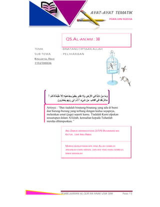 AYAT-AYAT TEMATIK
PGRA UIN SGD/3A
PEMBELAJARAN AL-QUR’AN ANAK USIA DINI Page 13
‫ﻣَﺎ‬ َ‫و‬ْ‫ﻣِﻦ‬ٍ‫ﺔ‬‫ﱠ‬‫ﺑ‬‫َا‬‫د‬‫ِﻲ‬‫ﻓ‬ِ‫ض‬ْ‫َر‬ ْ‫اﻷ‬َ‫ﻻ‬َ‫و‬ٍ‫ِﺮ‬‫ﺋ‬‫طَﺎ‬ُ‫ﺮ‬‫ﯿ‬ِ‫ﻄ‬َ‫ﯾ‬ِ‫ﮫ‬ْ‫ﯿ‬َ‫ﺣ‬‫َﺎ‬‫ﻨ‬َ‫ﺠ‬ِ ‫ﺑ‬‫ﱠ‬‫ِﻻ‬‫إ‬ٌ‫ﻢ‬َ‫ﻣ‬ُ ‫أ‬ْ‫ﻢ‬ُ‫ﻜ‬ُ ‫َﺎﻟ‬ ‫َﻣْﺜ‬ ‫أ‬ۚ◌
‫ﻣَﺎ‬‫َﺎ‬‫ﻨ‬ْ‫ط‬‫ﱠ‬‫ﺮ‬َ ‫ﻓ‬‫ِﻲ‬‫ﻓ‬ِ‫َﺎب‬‫ﺘ‬ِ‫ﻜ‬ْ‫اﻟ‬ْ‫ِﻦ‬‫ﻣ‬ٍ‫ء‬ْ‫َﻲ‬‫ﺷ‬ۚ◌‫ﱠ‬‫ﻢ‬ُ ‫ﺛ‬ٰ‫َﻰ‬‫ﻟ‬ِ‫إ‬ْ‫ﻢ‬ِ‫ِﮭ‬ ّ‫ﺑ‬َ‫ر‬َ‫َﺮُون‬‫ﺸ‬ْ‫ُﺤ‬‫ﯾ‬
Artinya : “Dan tiadalah binatang-binatang yang ada di bumi
dan burung-burung yang terbang dengan kedua sayapnya,
melainkan umat (juga) seperti kamu. Tiadalah Kami alpakan
sesuatupun dalam Al-kitab, kemudian kepada Tuhanlah
mereka dihimpunkan.”
QS.AL-AN’AM : 38
TEMA : BINATANG CIPTAAN ALLAH
SUB TEMA : PELIHARAAN
KHUJJATUL HAJJI
1152100036
ABU DAWUD MERIWAYATKAN (3/59) MUHAMMAD BIN
KATSIR.. DARI IBNU ABBAS
MEREKA MENGATAKAN APA YANG ALLAH SEMBELIH
JANGANLAH KAMU MAKAN, DAN APA YANG KAMU SEMBELIH,
MAKA MAKANLAH
 
