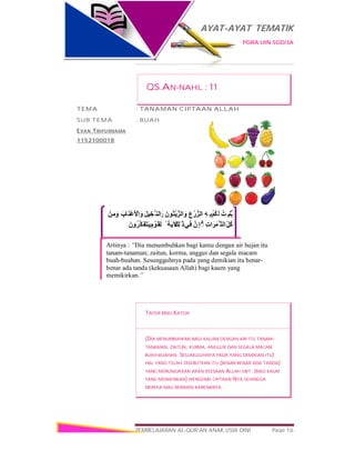 AYAT-AYAT TEMATIK
PGRA UIN SGD/3A
PEMBELAJARAN AL-QUR’AN ANAK USIA DINI Page 16
ُ‫ِﺖ‬ ‫ْﺒ‬‫ُﻨ‬‫ﯾ‬ْ‫ﻢ‬ُ‫ﻜ‬َ‫ﻟ‬ِ‫ﮫ‬ِ ‫ﺑ‬َ‫ع‬ْ‫ر‬‫اﻟﺰﱠ‬َ‫ن‬‫ُﻮ‬‫ﺘ‬ْ‫ﯾ‬‫اﻟﺰﱠ‬ َ‫و‬َ‫ﻞ‬‫ﯿ‬ ِ‫ﱠﺨ‬ ‫اﻟﻨ‬َ‫و‬َ‫َﺎب‬‫ﻨ‬ْ‫ﻋ‬َ ْ‫اﻷ‬ َ‫و‬ْ‫ﻦ‬ِ‫ﻣ‬َ‫و‬
ّ ِ‫ُﻞ‬‫ﻛ‬ِ‫ت‬‫ا‬َ‫ﱠﻤَﺮ‬ ‫اﻟﺜ‬‫ِنﱠ‬‫إ‬ ۗ◌‫ِﻲ‬‫ﻓ‬َ‫ِﻚ‬‫ﻟ‬ َٰ ‫ذ‬ً ‫َﺔ‬‫ﯾ‬ َ‫ﻵ‬ٍ‫م‬ ْ‫َﻮ‬‫ِﻘ‬‫ﻟ‬َ‫ن‬‫و‬ُ‫ﺮ‬‫ﱠ‬‫ﻜ‬َ‫ﻔ‬َ‫ﺘ‬َ‫ﯾ‬
QS.AN-NAHL : 11
TEMA : TANAMAN CIPTAAN ALLAH
SUB TEMA : BUAH
EVAN TRIPURNAMA
1152100018
TAFSIR IBNU KATSIR
(DIA MENUMBUHKAN BAGI KALIAN DENGAN AIR ITU TANAM-
TANAMAN, ZAITUN, KURMA, ANGGUR DAN SEGALA MACAM
BUAH-BUAHAN. SESUNGGUHNYA PADA YANG DEMIKIAN ITU)
HAL YANG TELAH DISEBUTKAN ITU (BENAR-BENAR ADA TANDA)
YANG MENUNJUKKAN AKAN KEESAAN ALLAH SWT. (BAGI KAUM
YANG MEMIKIRKAN) MENGENAI CIPTAAN-NYA SEHINGGA
MEREKA MAU BERIMAN KARENANYA.
Artinya : “Dia menumbuhkan bagi kamu dengan air hujan itu
tanam-tanaman; zaitun, korma, anggur dan segala macam
buah-buahan. Sesungguhnya pada yang demikian itu benar-
benar ada tanda (kekuasaan Allah) bagi kaum yang
memikirkan.”
 