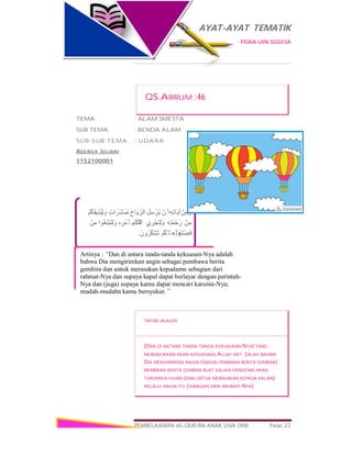 AYAT-AYAT TEMATIK
PGRA UIN SGD/3A
PEMBELAJARAN AL-QUR’AN ANAK USIA DINI Page 22
ْ‫ﻦ‬ِ‫ﻣ‬ َ‫و‬ِ‫ﮫ‬ِ‫ﺗ‬‫َﺎ‬‫ﯾ‬‫آ‬ْ‫َن‬ ‫أ‬َ‫ﻞ‬ِ‫ﺳ‬ ْ‫ُﺮ‬‫ﯾ‬َ‫َﺎح‬‫ﯾ‬ِّ‫اﻟﺮ‬ٍ‫ت‬‫ا‬ َ‫ّﺮ‬ِ‫ﺸ‬َ‫ﺒ‬ُ‫ﻣ‬ْ‫ُﻢ‬‫ﻜ‬َ‫ﻘ‬‫ِﯾ‬‫ﺬ‬ُ‫ﯿ‬ِ‫ﻟ‬ َ‫و‬
ْ‫ﻦ‬ِ‫ﻣ‬ِ‫ﮫ‬ِ‫ﺘ‬َ‫ﻤ‬ْ‫ﺣ‬ َ‫ر‬َ‫ي‬ ِ‫ْﺮ‬‫ﺠ‬َ‫ﺘ‬ِ‫ﻟ‬ َ‫و‬ُ‫ْﻚ‬‫ُﻠ‬‫ﻔ‬ْ‫اﻟ‬ِ‫ه‬ ِ‫ﺮ‬ْ‫َﻣ‬ ‫ِﺄ‬ ‫ﺑ‬‫ُﻮا‬‫ﻐ‬َ‫ﺘ‬ْ‫ﺒ‬َ‫ﺘ‬ِ‫ﻟ‬ َ‫و‬ْ‫ﻦ‬ِ‫ﻣ‬
ِ‫ﮫ‬ِ‫ﻠ‬ْ‫ﻀ‬َ‫ﻓ‬ْ‫ُﻢ‬‫ﻜ‬‫ﱠ‬ ‫َﻠ‬ ‫َﻌ‬‫ﻟ‬ َ‫و‬َ‫ن‬‫و‬ ُ‫ُﺮ‬‫ﻜ‬ْ‫ﺸ‬َ‫ﺗ‬.
Artinya : “Dan di antara tanda-tanda kekuasan-Nya adalah
bahwa Dia mengirimkan angin sebagai pembawa berita
gembira dan untuk merasakan kepadamu sebagian dari
rahmat-Nya dan supaya kapal dapat berlayar dengan perintah-
Nya dan (juga) supaya kamu dapat mencari karunia-Nya;
mudah-mudahn kamu bersyukur.”
QS.ARRUM :46
TEMA : ALAM SMESTA
SUB TEMA : BENDA ALAM
SUB-SUB TEMA : UDARA
ADERILA JULIANI
1152100001
TAFSIR JALALEN
(DAN DI ANTARA TANDA-TANDA KEKUASAAN-NYA) YANG
MENUNJUKKAN AKAN KEKUASAAN ALLAH SWT. (IALAH BAHWA
DIA MENGIRIMKAN ANGIN SEBAGAI PEMBAWA BERITA GEMBIRA)
MEMBAWA BERITA GEMBIRA BUAT KALIAN MENGENAI AKAN
TURUNNYA HUJAN (DAN UNTUK MERASAKAN KEPADA KALIAN)
MELALUI ANGIN ITU (SEBAGIAN DARI RAHMAT-NYA)
 
