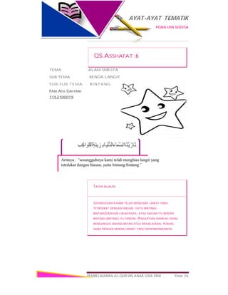 AYAT-AYAT TEMATIK
PGRA UIN SGD/3A
PEMBELAJARAN AL-QUR’AN ANAK USIA DINI Page 26
ِ‫ﺐ‬ِ‫اﻛ‬ َ‫َﻮ‬‫ﻜ‬ْ‫ٍاﻟ‬‫ﺔ‬َ‫ﻨ‬‫ﯾ‬ ِ‫ِﺰ‬ ‫َﺎﺑ‬‫ﯿ‬ْ‫ﻧ‬‫ﱡ‬‫ﺪ‬‫اﻟ‬َ‫ﺎء‬َ‫ﱠﻤ‬‫ﺴ‬‫ﱠﺎاﻟ‬‫ﻨ‬‫ﱠ‬‫ﯾ‬ َ‫ﱠﺎز‬‫ﻧ‬ِ ‫إ‬
QS.ASSHAFAT :6
TEMA :ALAM SMESTA
SUB TEMA : BENDA LANGIT
SUB-SUB TEMA : BINTANG
FANI AYU CAHYANI
1152100019
TAFSIR JALALEN
SESUNGGUHNYA KAMI TELAH MENGHIAS LANGIT YANG
TETRDEKAT DENGAN HIASAN, YAITU BINTANG-
BINTANG)DENGAN CAHAYANYA, ATAU HIASAN ITU BERUPA
BINTANG-BINTANG ITU SENDIRI. PENGERTIAN IDHAFAH DISINI
MENGANDUG MAKNA BAYAN ATAU MENJELASKAN, PERIHAL
SAMA DENGAN MAKNA QIRAAT YANG MENENWINKANNYA.
Artinya : “sesungguhnya kami telah menghias langit yang
tetrdekat dengan hiasan, yaitu bintang-bintang”
 