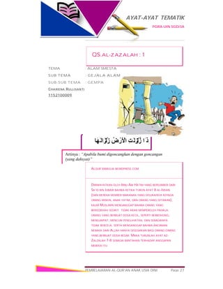 AYAT-AYAT TEMATIK
PGRA UIN SGD/3A
PEMBELAJARAN AL-QUR’AN ANAK USIA DINI Page 27
‫َﺎ‬‫ﮭ‬َ‫اﻟ‬َ‫ْﺰ‬‫ﻟ‬ ِ‫ز‬ ُ‫ض‬ ْ‫َر‬ ْ‫اﻷ‬ ِ‫ﺖ‬َ‫ﻟ‬ ِ‫ْﺰ‬‫ﻟ‬ُ‫ز‬ ‫َا‬ ‫ِذ‬‫إ‬
Artinya : “Apabila bumi digoncangkan dengan goncangan
(yang dahsyat)”
QS.AL-ZAZALAH : 1
TEMA : ALAM SMESTA
SUB TEMA : GEJALA ALAM
SUB-SUB TEMA : GEMPA
CHARIENA RULLISANTI
1152100009
ALQUR’ANMULIA.WORDPRESS.COM
DIRIWAYATKAN OLEH IBNU ABI HATIM YANG BERSUMBER DARI
SA’ID BIN JUBAIR BAHWA KETIKA TURUN AYAT 8 AL-INSAN
(DAN MEREKA MEMBER MAKANAN YANG DISUKAINYA KEPADA
ORANG MISKIN, ANAK YATIM, DAN ORANG YANG DITAWAN),
KAUM MUSLIMIN MENGANGGAP BAHWA ORANG YANG
BERSEDEKAH SEDIKIT TIDAK AKAN MEMPEROLEH PAHALA;
ORANG YANG BERBUAT DOSA KECIL, SEPERTI BERBOHONG,
MENGUMPAT, MENCURI PENGLIHATAN, DAN SEBAGAINYA
TIDAK BERCELA; SERTA MENGANGGAP BAHWA ANCAMAN
NERAKA DARI ALLAH HANYA DISEDIAKAN BAGI ORANG-ORANG
YANG BERBUAT DOSA BESAR. MAKA TURUNLAH AYAT AZ-
ZALZALAH 7-8 SEBAGAI BANTAHAN TERHADAP ANGGAPAN
MEREKA ITU.
 