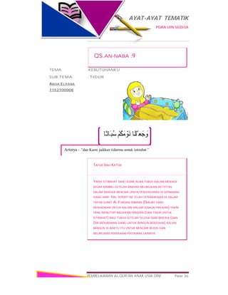AYAT-AYAT TEMATIK
PGRA UIN SGD/3A
PEMBELAJARAN AL-QUR’AN ANAK USIA DINI Page 36
‫ًﺎ‬‫ﺗ‬‫َﺎ‬‫ﺒ‬ُ‫ﺳ‬ ْ‫ُﻢ‬‫ﻜ‬َ‫ﻣ‬ ْ‫َﻮ‬‫ﻧ‬ ‫َﺎ‬‫ﻨ‬ْ‫َﻠ‬ ‫ﻌ‬َ‫ﺟ‬ َ‫و‬
Artinya : “dan Kami jadikan tidurmu untuk istirahat”
QS.AN-NABA :9
TEMA :KEBUTUHANKU
SUB TEMA : TIDUR
ANISA ELIYANA
1152100008
TAFSIR IBNU KATSIR
YAKNI ISTIRAHAT DARI GERAK AGAR TUBUH KALIAN MENJADI
SEGAR KEMBALI SETELAH BANYAK MELAKUKAN AKTIYITAS
DALAM RANGKA MENCARI UPAYA PENGHIDUPAN DI SEPANJANG
SIANG HARI. HAL SEPERTI INI TELAH DITERANGKAN DI DALAM
TAFSIR SURAT AL-FURQAN DIMANA (DIALAH YANG
MENJADIKAN UNTUK KALIAN MALAM SEBAGAI PAKAIAN) YAKNI
YANG MENUTUPI BAGAIKAN PAKAIAN (DAN TIDUR UNTUK
ISTIRAHAT) BAGI TUBUH SETELAH SELESAI DARI BEKERJA (DAN
DIA MENJADIKAN SIANG UNTUK BANGUN BERUSAHA) KALIAN
BANGUN DI WAKTU ITU UNTUK MENCARI REZEKI DAN
MELAKUKAN PEKERJAAN-PEKERJAAN LAINNYA.
 