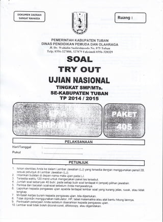 I}OKUMEN DAERAH
SANGAT R.AHASIA Ruang ;
PEMERINTAH KABUPATEN TUBAN
DINAS PENDIDIKAN PEMUDA DAN OLAFIRAGA
.ll. I)r. Wahidin...