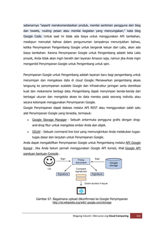 sebenarnya "seperti merekomendasikan produk, menilai sentimen pengguna dari blog
dan tweets, routing pesan atau menilai kegiatan yang mencurigakan," kata blog
Google Code. Untuk saat ini tidak ada biaya untuk menggunakan API tambahan,
meskipun mencatat bahwa dalam pengumuman tampaknya menunjukkan bahwa,
ketika Penyimpanan Pengembang Google untuk bergerak keluar dari Labs, akan ada
biaya tambahan. Karena Penyimpanan Google untuk Pengembang adalah beta Labs
proyek, Anda tidak akan ingin beralih dari layanan Amazon saja, namun jika Anda ingin
mengambil Penyimpanan Google untuk Pengembang untuk spin.


Penyimpanan Google untuk Pengembang adalah layanan baru bagi pengembang untuk
menyimpan dan mengakses data di cloud Google. Menawarkan pengembang akses
langsung ke penyimpanan scalable Google dan infrastruktur jaringan serta otentikasi
kuat dan mekanisme berbagi data. Pengembang dapat menyimpan benda-benda dari
berbagai ukuran dan mengelola akses ke data mereka pada seorang individu atau
secara kelompok menggunakan Penyimpanan Google.
Google Penyimpanan dapat diakses melalui API REST atau menggunakan salah satu
alat Penyimpanan Google yang tersedia, termasuk:

     Google Storage Manager - Sebuah antarmuka pengguna grafis dengan drag-
      and-drop fitur untuk mengelola ember Anda dan objek.

     GSUtil - Sebuah command line tool yang memungkinkan Anda melakukan tugas-
      tugas dasar dan lanjutan untuk Penyimpanan Google.
Anda dapat mengaktifkan Penyimpanan Google untuk Pengembang melalui API Google
Konsol . Jika Anda belum pernah menggunakan Google API konsol, lihat Google API
panduan bantuan Console .




         Gambar 67. Bagaimana upload dikonfirmasi ke Google Penyimpanan
                     http://id.wikipedia.org/wiki/ google.com/storage



                                     Magang Industri--Meruvian.org Cloud Computing   102
 