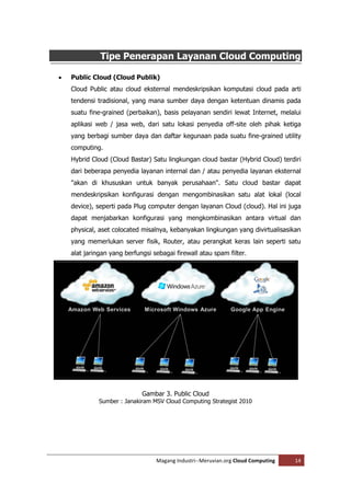 Tipe Penerapan Layanan Cloud Computing

   Public Cloud (Cloud Publik)
    Cloud Public atau cloud eksternal mendeskripsikan komputasi cloud pada arti
    tendensi tradisional, yang mana sumber daya dengan ketentuan dinamis pada
    suatu fine-grained (perbaikan), basis pelayanan sendiri lewat Internet, melalui
    aplikasi web / jasa web, dari satu lokasi penyedia off-site oleh pihak ketiga
    yang berbagi sumber daya dan daftar kegunaan pada suatu fine-grained utility
    computing.
    Hybrid Cloud (Cloud Bastar) Satu lingkungan cloud bastar (Hybrid Cloud) terdiri
    dari beberapa penyedia layanan internal dan / atau penyedia layanan eksternal
    "akan di khususkan untuk banyak perusahaan". Satu cloud bastar dapat
    mendeskripsikan konfigurasi dengan mengombinasikan satu alat lokal (local
    device), seperti pada Plug computer dengan layanan Cloud (cloud). Hal ini juga
    dapat menjabarkan konfigurasi yang mengkombinasikan antara virtual dan
    physical, aset colocated misalnya, kebanyakan lingkungan yang divirtualisasikan
    yang memerlukan server fisik, Router, atau perangkat keras lain seperti satu
    alat jaringan yang berfungsi sebagai firewall atau spam filter.




                             Gambar 3. Public Cloud
              Sumber : Janakiram MSV Cloud Computing Strategist 2010




                                  Magang Industri--Meruvian.org Cloud Computing   14
 