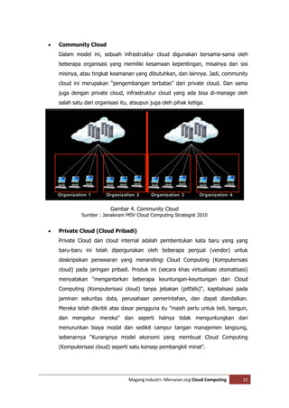    Community Cloud
    Dalam model ini, sebuah infrastruktur cloud digunakan bersama-sama oleh
    beberapa organisasi yang memiliki kesamaan kepentingan, misalnya dari sisi
    misinya, atau tingkat keamanan yang dibutuhkan, dan lainnya. Jadi, community
    cloud ini merupakan “pengembangan terbatas” dari private cloud. Dan sama
    juga dengan private cloud, infrastruktur cloud yang ada bisa di-manage oleh
    salah satu dari organisasi itu, ataupun juga oleh pihak ketiga.




                          Gambar 4. Community Cloud
             Sumber : Janakiram MSV Cloud Computing Strategist 2010


   Private Cloud (Cloud Pribadi)
    Private Cloud dan cloud internal adalah pembentukan kata baru yang yang
    baru-baru ini telah dipergunakan oleh beberapa penjual (vendor) untuk
    deskripsikan penawaran yang menandingi Cloud Computing (Komputerisasi
    cloud) pada jaringan pribadi. Produk ini (secara khas virtualisasi otomatisasi)
    menyatakan "mengantarkan beberapa keuntungan-keuntungan dari Cloud
    Computing (Komputerisasi cloud) tanpa jebakan (pitfalls)", kapitalisasi pada
    jaminan sekuritas data, perusahaan pemerintahan, dan dapat diandalkan.
    Mereka telah dikritik atas dasar pengguna itu "masih perlu untuk beli, bangun,
    dan mengatur mereka" dan seperti halnya tidak menguntungkan dari
    menurunkan biaya modal dan sedikit campur tangan manajemen langsung,
    sebenarnya "Kurangnya model ekonomi yang membuat Cloud Computing
    (Komputerisasi cloud) seperti satu konsep pembangkit minat".




                                  Magang Industri--Meruvian.org Cloud Computing   15
 