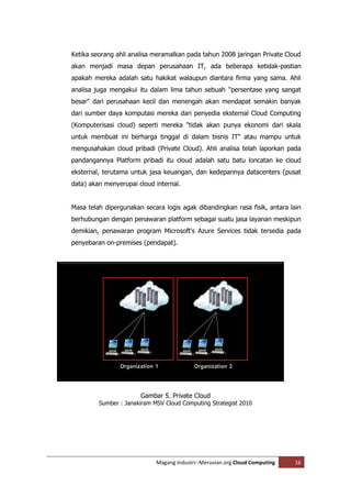 Ketika seorang ahli analisa meramalkan pada tahun 2008 jaringan Private Cloud
akan menjadi masa depan perusahaan IT, ada beberapa ketidak-pastian
apakah mereka adalah satu hakikat walaupun diantara firma yang sama. Ahli
analisa juga mengakui itu dalam lima tahun sebuah "persentase yang sangat
besar" dari perusahaan kecil dan menengah akan mendapat semakin banyak
dari sumber daya komputasi mereka dari penyedia eksternal Cloud Computing
(Komputerisasi cloud) seperti mereka "tidak akan punya ekonomi dari skala
untuk membuat ini berharga tinggal di dalam bisnis IT" atau mampu untuk
mengusahakan cloud pribadi (Private Cloud). Ahli analisa telah laporkan pada
pandangannya Platform pribadi itu cloud adalah satu batu loncatan ke cloud
eksternal, terutama untuk jasa keuangan, dan kedepannya datacenters (pusat
data) akan menyerupai cloud internal.


Masa telah dipergunakan secara logis agak dibandingkan rasa fisik, antara lain
berhubungan dengan penawaran platform sebagai suatu jasa layanan meskipun
demikian, penawaran program Microsoft's Azure Services tidak tersedia pada
penyebaran on-premises (pendapat).




                       Gambar 5. Private Cloud
         Sumber : Janakiram MSV Cloud Computing Strategist 2010




                             Magang Industri--Meruvian.org Cloud Computing   16
 