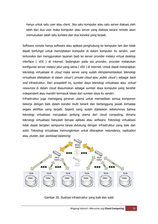 hanya untuk satu user atau client. Jika satu komputer atau satu server diakses oleh
  lebih dari dua user maka komputer atau server yang diakses secara remote akan
  memutuskan salah satu koneksi dari dua koneksi yang terjadi.


Software remote hanya software atau aplikasi penghubung ke komputer lain dan tidak
dapat berfungsi untuk menciptakan komputer di dalam komputer itu sendiri. user
terkoneksi dan menggunakan layanan IaaS ke server provider melalui virtual desktop
interface ( VDI ) di internet. Sedangkan pada sisi provider, provider melakukan
konfigurasi server melalui jalur yang sama ( VDI ) di internet. Untuk dapat menerapkan
teknologi virtualisasi di cloud maka server yang sudah diimplementasikan teknologi
virtualisasi diletakkan di dalam cloud ( private cloud atau public cloud ) sebagai back
end infrastruktur. Dari prespektif ini, sumber daya teknologi virtualisasi atau virtual
resources di dalam cloud diasumsikan sebagai sumber daya komputer yang bersifat
independent atau mandiri termasuk lokasi dari sumber daya itu sendiri.
Infrastruktur juga memegang peranan utama untuk memastikan semua komponen
bekerja dengan baik dalam kondisi multi tenant dan bertanggung jawab terhadap
segala aktifitas yang terjadi. Seperti yang sudah dijelaskan sebelumnya bahwa
teknologi virtualisasi merupakan jantung utama dari cloud computing, dimana
teknologi virtualisasi hanyalah berupa aplikasi atau software. Teknologi virtualisasi
tidak dapat berjalan sempurna tanpa didukung dengan infrastruktur yang baik dan
solid. Teknologi virtualisasi memungkinkan untuk diterapkan redundancy, replication
atau cluster, dan workload balancing.




                Gambar 20. Ilustrasi infrastruktur yang baik dan solid


                                    Magang Industri--Meruvian.org Cloud Computing   32
 