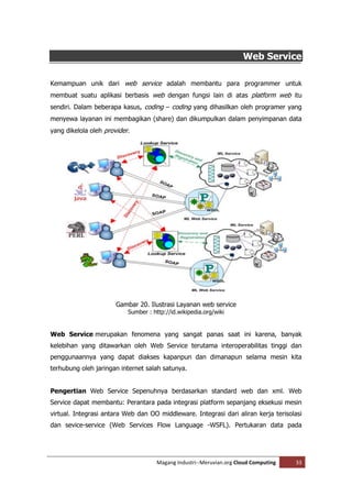 Web Service

Kemampuan unik dari web service adalah membantu para programmer untuk
membuat suatu aplikasi berbasis web dengan fungsi lain di atas platform web itu
sendiri. Dalam beberapa kasus, coding – coding yang dihasilkan oleh programer yang
menyewa layanan ini membagikan (share) dan dikumpulkan dalam penyimpanan data
yang dikelola oleh provider.




                       Gambar 20. Ilustrasi Layanan web service
                           Sumber : http://id.wikipedia.org/wiki


Web Service merupakan fenomena yang sangat panas saat ini karena, banyak
kelebihan yang ditawarkan oleh Web Service terutama interoperabilitas tinggi dan
penggunaannya yang dapat diakses kapanpun dan dimanapun selama mesin kita
terhubung oleh jaringan internet salah satunya.


Pengertian Web Service Sepenuhnya berdasarkan standard web dan xml. Web
Service dapat membantu: Perantara pada integrasi platform sepanjang eksekusi mesin
virtual. Integrasi antara Web dan OO middleware. Integrasi dari aliran kerja terisolasi
dan sevice-service (Web Services Flow Language -WSFL). Pertukaran data pada




                                      Magang Industri--Meruvian.org Cloud Computing   33
 