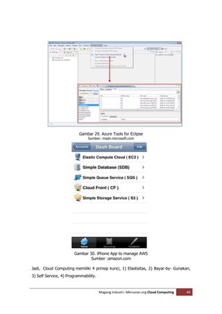 Gambar 29. Azure Tools for Eclipse
                               Sumber: msdn.microsoft.com




                       Gambar 30. iPhone App to manage AWS
                               Sumber :amazon.com

Jadi, Cloud Computing memiliki 4 prinsip kunci, 1) Elastisitas, 2) Bayar-by- Gunakan,
3) Self Service, 4) Programmability.


                                       Magang Industri--Meruvian.org Cloud Computing   44
 