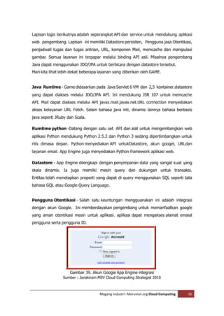 Lapisan logis berikutnya adalah seperangkat API dan service untuk mendukung aplikasi
web pengembang. Lapisan ini memiliki Datastore persisten, Pengguna jasa Otentikasi,
penjadwall tugas dan tugas antrian, URL, komponen Mail, memcache dan manipulasi
gambar. Semua layanan ini terpapar melalui binding API asli. Misalnya pengembang
Java dapat menggunakan JDO/JPA untuk berbicara dengan datastore tersebut.
Mari kita lihat lebih dekat beberapa layanan yang diberikan oleh GAME.


Java Runtime - Game didasarkan pada Java Servlet 6 VM dan 2,5 kontainer.datastore
yang dapat diakses melalui JDO/JPA API. Ini mendukung JSR 107 untuk memcache
API. Mail dapat diakses melalui API javax.mail.javax.net.URL connection menyediakan
akses kelayanan URL Fetch. Selain bahasa java inti, dinamis lainnya bahasa berbasis
java seperti JRuby dan Scala.

Rumtime python -Datang dengan satu set API dan alat untuk mengembangkan web
aplikasi Python mendukung Python 2.5.2 dan Python 3 sedang dipertimbangkan untuk
rilis dimasa depan. Python menyediakan API untukDatastore, akun googel, URLdan
layanan email. App Engine juga menyediakan Python framework aplikasi web.

Datastore - App Engine dilengkapi dengan penyimpanan data yang sangat kuat yang
skala dinamis. Ia juga memilki mesin query dan dukungan untuk transaksi.
Entitas telah menetapkan properti yang dapat di query menggunakan SQL seperti tata
bahasa GQL atau Google Query Language.


Pengguna Otentikasi - Salah satu keuntungan mengguanakan ini adalah integrasi
dengan akun Google. Ini memberdayakan pengembang untuk memanfaatkan google
yang aman otentikasi mesin untuk aplikasi. aplikasi dapat mengakses alamat emaial
pengguna serta pengguna ID.




                    Gambar 39. Akun Google App Engine integrasi
                Sumber : Janakiram MSV Cloud Computing Strategist 2010



                                    Magang Industri--Meruvian.org Cloud Computing   56
 
