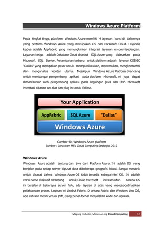 Windows Azure Platform

Pada tingkat tinggi, platform Windows Azure memiliki 4 layanan kunci di dalamnya
yang pertama Windows Azure yang merupakan OS dari Microsoft Cloud. Layanan
kedua adalah AppFabric yang memungkinkan integrasi layanan on-premisedengan.
Layanan ketiga    adalah Database Cloud disebut      SQL Azure yang      didasarkan   pada
Microsoft SQL Server. Penambahan terbaru untuk platform adalah layanan CODEC
"Dallas" yang merupakan pasar untuk mempublikasikan, menemukan, mengkonsumsi
dan   menganalisa    konten      utama.   Meskipun      Windows Azure Platform dirancang
untuk membangun pengembang aplikasi pada platform Microsoft, ini juga dapat
dimanfaatkan oleh pengembang aplikasi pada lingkingan java dan PHP. Microsoft
investasi dikanan set alat dan plug-in untuk Eclipse.




                         Gambar 40. Windows Azure platform
                 Sumber : Janakiram MSV Cloud Computing Strategist 2010



Windows Azure
Windows Azure adalah jantung dan jiwa dari Platform Azure. Ini adalah OS yang
berjalan pada setiap server dipusat data dibeberapa geografis lokasi. Sangat menarik
untuk dicacat bahwa Windows Azure OS tidak tersedia sebagai ritel OS. Ini adalah
versi home eksklusif dirancang      untuk Cloud Microsoft      infrastruktur.    Karena OS
ini berjalan di beberapa server fisik, ada lapisan di atas yang mengkoordinasikan
pelaksanaan proses. Lapisan ini disebut Fabric. Di antara Fabric dan Windows biru OS,
ada ratusan mesin virtual (VM) yang benar-benar menjalakan kode dan aplikasi.




                                      Magang Industri--Meruvian.org Cloud Computing     57
 