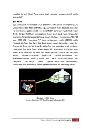 otentikasi berbasis Cloud. Pengembang dapat mengakses program control melalui
layanan WCF.

SQL Azure
SQL Azure adalah Microsoft SQL Server pada Cloud. Tidak seperti penyimpanan Azure,
yang dimaksud data tidak terstruktur, SQL Azure adalah mesin database relasioonal.
Hal ini didasarkan pada mesin DB yang sama MS SQL Server dan dapat dilihat dengan
T-SQL. Dengan MS SQL, on-premis aplikasi dengan cepat dapat mulai menggunakan
layanan ini. Pengembang dapat berbicara dengan SQL Azure        menggunakan ADO.NET
atau ODBC API. Pengembang PHP dapat menggunakan melalui API PHPi. melalui
Microsoft SQL Azure Data Sync, data dapat dengan mudah disinkronkan           antara On-
Premise SQL Server dan SQL Azure. Ini adalah fitur yang sangat kuat untuk membagun
pusat-pusat data pada Cloud. tujuan praktis, SQL Azure dapat diperlakukan persis
seperti server DB berjalan di pusat data tanpa overhead menjaga dan mengelola.
Karena      Microsoft bertanggung     jawab untuk       instalasi, pemeliharaan     dan
ketersediaan layanan   bisnis DB, hanya     bisa    fokus     pada memanipulasi     dan
mengakses      data sebagai     sebuah       layanan. Dengan dimuka Bayar-as-you-go
pendekatan, tidak ada investasi dan hanya akan membayar apa yang kita gunakan.




                               Gambar 44. SQL Azure
                Sumber : Janakiram MSV Cloud Computing Strategist 2010




                                    Magang Industri--Meruvian.org Cloud Computing     60
 
