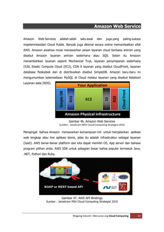Amazon Web Service

Amazon     Web Services   adalah salah     satu awal     dan     juga yang     paling sukses
impelemntasidari Cloud Publik. Banyak juga dikenal secara online memanfaatkan sifat
AWS. Amazon awalnya mulai menawarkan pesan layanan cloud berbasis antrian yang
disebut   Amazon   layanan    antrian    sederhana     atau    SQS.   Selain   itu   Amazon
menambahkan layanan seperti Mechanical Truk, layanan penyimpanan sederhana
(S30, Elastic Compute Cloud (EC2), CDN A layanan yang disebut CloudFront, layanan
database flesksibek dan di distribusikan disebut SimpleDB. Amazon baru-baru ini
mengumumkan ketersediaan MySQL di Cloud melalui layanan yang disebut Relationl
Layanan data (RDS).




                                 Gambar 46. Amazon Web Services
                          Sumber : Janakiram MSV Cloud Computing Strategist 2010

Mengingat bahwa Amazon menawarkan kemampuan inti untuk menjalankan aplikasi
web lengkap atau line aplikasi bisnis, jelas itu adalah infrastruktur sebagai layanan
(IaaS). AWS benar-benar platform dan kita dapat memilih OS, App server dan bahasa
program pilihan anda. AWS SDK untuk sebagian besar bahsa popular termasuk Java,
.NET, Python dan Ruby.




                             Gambar 47. AWS API Bindings
                Sumber : Janakiram MSV Cloud Computing Strategist 2010




                                     Magang Industri--Meruvian.org Cloud Computing       63
 