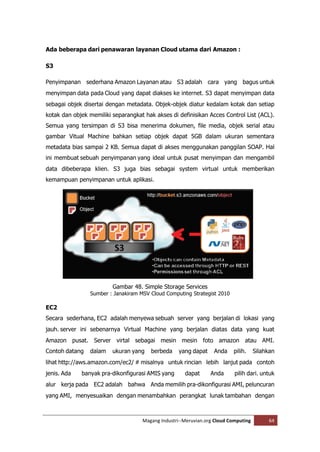 Ada beberapa dari penawaran layanan Cloud utama dari Amazon :

S3

Penyimpanan sederhana Amazon Layanan atau S3 adalah cara yang bagus untuk
menyimpan data pada Cloud yang dapat diakses ke internet. S3 dapat menyimpan data
sebagai objek disertai dengan metadata. Objek-objek diatur kedalam kotak dan setiap
kotak dan objek memiliki separangkat hak akses di definisikan Acces Control List (ACL).
Semua yang tersimpan di S3 bisa menerima dokumen, file media, objek serial atau
gambar Vitual Machine bahkan setiap objek dapat 5GB dalam ukuran sementara
metadata bias sampai 2 KB. Semua dapat di akses menggunakan panggilan SOAP. Hal
ini membuat sebuah penyimpanan yang ideal untuk pusat menyimpan dan mengambil
data dibeberapa klien. S3 juga bias sebagai system virtual untuk memberikan
kemampuan penyimpanan untuk aplikasi.




                         Gambar 48. Simple Storage Services
                Sumber : Janakiram MSV Cloud Computing Strategist 2010

EC2
Secara sederhana, EC2 adalah menyewa sebuah server yang berjalan di lokasi yang
jauh. server ini sebenarnya Virtual Machine yang berjalan diatas data yang kuat
Amazon pusat. Server virtal sebagai mesin mesin foto amazon atau AMI.
Contoh datang   dalam    ukuran yang    berbeda    yang dapat    Anda    pilih.     Silahkan
lihat http://aws.amazon.com/ec2/ # misalnya untuk rincian lebih lanjut pada contoh
jenis. Ada   banyak pra-dikonfigurasi AMIS yang      dapat      Anda      pilih dari. untuk
alur kerja pada EC2 adalah bahwa Anda memilih pra-dikonfigurasi AMI, peluncuran
yang AMI, menyesuaikan dengan menambahkan perangkat lunak tambahan dengan



                                    Magang Industri--Meruvian.org Cloud Computing        64
 
