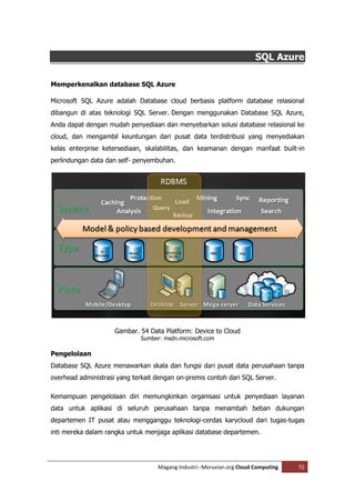 SQL Azure

Memperkenalkan database SQL Azure

Microsoft SQL Azure adalah Database cloud berbasis platform database relasional
dibangun di atas teknologi SQL Server. Dengan menggunakan Database SQL Azure,
Anda dapat dengan mudah penyediaan dan menyebarkan solusi database relasional ke
cloud, dan mengambil keuntungan dari pusat data terdistribusi yang menyediakan
kelas enterprise ketersediaan, skalabilitas, dan keamanan dengan manfaat built-in
perlindungan data dan self- penyembuhan.




                     Gambar. 54 Data Platform: Device to Cloud
                             Sumber: msdn.microsoft.com

Pengelolaan
Database SQL Azure menawarkan skala dan fungsi dari pusat data perusahaan tanpa
overhead administrasi yang terkait dengan on-premis contoh dari SQL Server.

Kemampuan pengelolaan diri memungkinkan organisasi untuk penyediaan layanan
data untuk aplikasi di seluruh perusahaan tanpa menambah beban dukungan
departemen IT pusat atau mengganggu teknologi-cerdas karycloud dari tugas-tugas
inti mereka dalam rangka untuk menjaga aplikasi database departemen.




                                   Magang Industri--Meruvian.org Cloud Computing   72
 