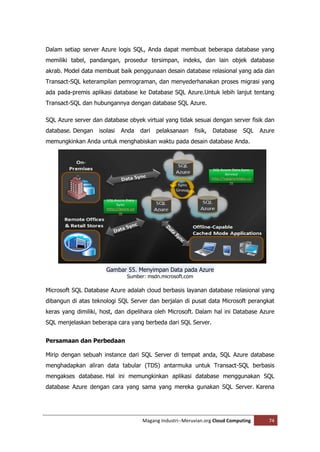 Dalam setiap server Azure logis SQL, Anda dapat membuat beberapa database yang
memiliki tabel, pandangan, prosedur tersimpan, indeks, dan lain objek database
akrab. Model data membuat baik penggunaan desain database relasional yang ada dan
Transact-SQL keterampilan pemrograman, dan menyederhanakan proses migrasi yang
ada pada-premis aplikasi database ke Database SQL Azure.Untuk lebih lanjut tentang
Transact-SQL dan hubungannya dengan database SQL Azure.

SQL Azure server dan database obyek virtual yang tidak sesuai dengan server fisik dan
database. Dengan    isolasi   Anda   dari   pelaksanaan     fisik,   Database   SQL   Azure
memungkinkan Anda untuk menghabiskan waktu pada desain database Anda.




                       Gambar 55. Menyimpan Data pada Azure
                               Sumber: msdn.microsoft.com

Microsoft SQL Database Azure adalah cloud berbasis layanan database relasional yang
dibangun di atas teknologi SQL Server dan berjalan di pusat data Microsoft perangkat
keras yang dimiliki, host, dan dipelihara oleh Microsoft. Dalam hal ini Database Azure
SQL menjelaskan beberapa cara yang berbeda dari SQL Server.


Persamaan dan Perbedaan

Mirip dengan sebuah instance dari SQL Server di tempat anda, SQL Azure database
menghadapkan aliran data tabular (TDS) antarmuka untuk Transact-SQL berbasis
mengakses database. Hal ini memungkinkan aplikasi database menggunakan SQL
database Azure dengan cara yang sama yang mereka gunakan SQL Server. Karena




                                     Magang Industri--Meruvian.org Cloud Computing       74
 