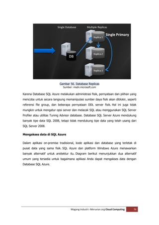 Gambar 56. Database Replicas
                             Sumber: msdn.microsoft.com

Karena Database SQL Azure melakukan administrasi fisik, pernyataan dan pilihan yang
mencoba untuk secara langsung memanipulasi sumber daya fisik akan diblokir, seperti
referensi file group, dan beberapa pernyataan DDL server fisik. Hal ini juga tidak
mungkin untuk mengatur opsi server dan melacak SQL atau menggunakan SQL Server
Profiler atau utilitas Tuning Advisor database. Database SQL Server Azure mendukung
banyak tipe data SQL 2008, tetapi tidak mendukung tipe data yang telah usang dari
SQL Server 2008.

Mengakses data di SQL Azure

Dalam aplikasi on-premise tradisional, kode aplikasi dan database yang terletak di
pusat data yang sama fisik. SQL Azure dan platform Windows Azure menawarkan
banyak alternatif untuk arsitektur itu. Diagram berikut menunjukkan dua alternatif
umum yang tersedia untuk bagaimana aplikasi Anda dapat mengakses data dengan
Database SQL Azure.




                                   Magang Industri--Meruvian.org Cloud Computing   76
 