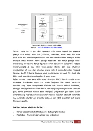 Gambar 60. Hadoop cluster multi-node
                       Sumber : http://id.wikipedia.org/wiki/Hadoop

Sebuah cluster Hadoop kecil akan mencakup node master tunggal dan beberapa
pekerja. Node master terdiri dari jobtracker, tasktracker, name node, dan data
node. Slave atau node pekerja terdiri dari data node dan tasktracker, meskipun adalah
mungkin untuk memiliki hanya pekerja node-data, dan hanya pekerja node-
menghitung; ini biasanya hanya digunakan dalam aplikasi non-standardad. Hadoop
memerlukan JRE 1.6     atau   lebih   tinggi. Startup   standar    dan    skrip   shutdown
membutuhkan ssh yang akan dibentuk antara node di cluster. Sementara Microsoft
Windows dan OS / X yang didukung untuk pembangunan, per April 2011 tidak ada
klaim publik yang ini sedang digunakan di server besar.
Dalam sebuah cluster yang lebih besar, filesystem HDFS dikelola melalui server
namenode didedikasikan untuk host indeks filesystem, dan sebuah namenode
sekunder yang dapat menghasilkan snapshot dari struktur memori namenode,
sehingga mencegah korupsi sistem berkas dan mengurangi hilangnya data. Demikian
pula, server jobtracker mandiri dapat mengelola penjadwalan job. Dalam cluster
dimana Hadoop MapReduce mesin digunakan melcloud filesystem alternatif, namenode
itu, namenode sekunder dan arsitektur datanode dari HDFS digantikan oleh setara
filesystem-spesifik.


Inti dari hadoop adalah terdiri dari :

o   HDFS (Hadoop Distributed File System) - Data yang terdistribusi
o   MapReduce - Framework dari aplikasi yang terdistribusi


                                      Magang Industri--Meruvian.org Cloud Computing     84
 