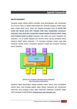 Apache Cassandra


Apa itu Cassandra?

Cassandra adalah sebuah platform penelitian yang dikembangkan oleh KnowGravity
Inc di Zurich, Swiss. Ini adalah asisten-based dan memandu pengguna melalui tugas-
tugas mereka dalam bisnis, sistem dan rekayasa perangkat lunak. Ini analisis data
                                  ®
proyek dari banyak akrab UML          berbasis CASE tools, menghasilkan pertanyaan-
pertanyaan yang sesuai atau mengusulkan langkah-langkah berikutnya dalam rangka
untuk bergerak proses ke depan. Cassandra hadir dalam dua varian. Cassandra dan
Cassandra / CS. CS adalah singkatan dari Common Sense. satunya perbedaan antara
keduanya adalah bahwa Cassandra / CS mencakup memakan memori yang lebih
komponen. Gambar berikut memberikan gambaran singkat dari komponen teknologi
utama Cassandra.




                   Gambar 63. komponen teknologi utama Cassandra
                            http://wiki.apache.org/cassandra

Cassandra dapat dibandingkan dengan arsitektur sistem operasi yang menyediakan
layanan dasar untuk berbagai aplikasi (Agen Aplikasi Cassandra) dan menawarkan
antarmuka untuk berbagai produk (Agen Antarmuka Cassandra). Cassandra adalah
100% diterapkan di WIN-PROLOG (Programming Logic Associates Ltd).




                                      Magang Industri--Meruvian.org Cloud Computing   91
 