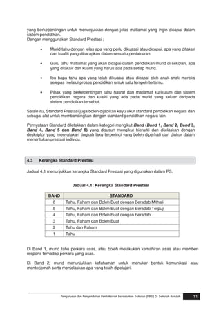 yang berkepentingan untuk menunjukkan dengan jelas matlamat yang ingin dicapai dalam
sistem pendidikan.
Dengan menggunakan Standard Prestasi ;
�

Murid tahu dengan jelas apa yang perlu dikuasai atau dicapai, apa yang ditaksir
dan kualiti yang diharapkan dalam sesuatu pentaksiran.

�

Guru tahu matlamat yang akan dicapai dalam pendidikan murid di sekolah, apa
yang ditaksir dan kualiti yang harus ada pada setiap murid.

�

Ibu bapa tahu apa yang telah dikuasai atau dicapai oleh anak-anak mereka
selepas melalui proses pendidikan untuk satu tempoh tertentu.

�

Pihak yang berkepentingan tahu hasrat dan matlamat kurikulum dan sistem
pendidikan negara dan kualiti yang ada pada murid yang keluar daripada
sistem pendidikan tersebut.

Selain itu, Standard Prestasi juga boleh dijadikan kayu ukur standard pendidikan negara dan
sebagai alat untuk membandingkan dengan standard pendidikan negara lain.
Pernyataan Standard diletakkan dalam kategori mengikut Band (Band 1, Band 2, Band 3,
Band 4, Band 5 dan Band 6) yang disusun mengikut hierarki dan dijelaskan dengan
deskriptor yang menyatakan tingkah laku terperinci yang boleh diperhati dan diukur dalam
menentukan prestasi individu.

4.3

Kerangka Standard Prestasi

Jadual 4.1 menunjukkan kerangka Standard Prestasi yang digunakan dalam PS.
Jadual 4.1: Kerangka Standard Prestasi
BAND

STANDARD

6

Tahu, Faham dan Boleh Buat dengan Beradab Mithali

4

Tahu, Faham dan Boleh Buat dengan Beradab

5
3
2
1

Tahu, Faham dan Boleh Buat dengan Beradab Terpuji
Tahu, Faham dan Boleh Buat
Tahu dan Faham
Tahu

Di Band 1, murid tahu perkara asas, atau boleh melakukan kemahiran asas atau memberi
respons terhadap perkara yang asas.
Di Band 2, murid menunjukkan kefahaman untuk menukar bentuk komunikasi atau
menterjemah serta menjelaskan apa yang telah dipelajari.

Pengurusan dan Pengendalian Pentaksiran Berasaskan Sekolah (PBS) Di Sekolah Rendah

11

 