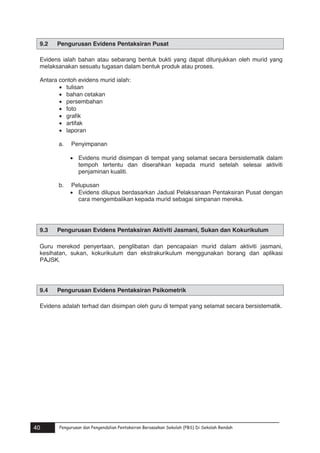 9.2

Pengurusan Evidens Pentaksiran Pusat

Evidens ialah bahan atau sebarang bentuk bukti yang dapat ditunjukkan oleh murid yang
melaksanakan sesuatu tugasan dalam bentuk produk atau proses.
Antara contoh evidens murid ialah:
 tulisan
 bahan cetakan
 persembahan
 foto
 grafik
 artifak
 laporan
a.

Penyimpanan
 Evidens murid disimpan di tempat yang selamat secara bersistematik dalam
tempoh tertentu dan diserahkan kepada murid setelah selesai aktiviti
penjaminan kualiti.

b.

9.3

Pelupusan
 Evidens dilupus berdasarkan Jadual Pelaksanaan Pentaksiran Pusat dengan
cara mengembalikan kepada murid sebagai simpanan mereka.

Pengurusan Evidens Pentaksiran Aktiviti Jasmani, Sukan dan Kokurikulum

Guru merekod penyertaan, penglibatan dan pencapaian murid dalam aktiviti jasmani,
kesihatan, sukan, kokurikulum dan ekstrakurikulum menggunakan borang dan aplikasi
PAJSK.

9.4

Pengurusan Evidens Pentaksiran Psikometrik

Evidens adalah terhad dan disimpan oleh guru di tempat yang selamat secara bersistematik.

Pengurusan dan Pengendalian Pentaksiran Berasaskan Sekolah (PBS) Di Sekolah Rendah

40

Pengurusan dan Pengendalian Pentaksiran Berasaskan Sekolah (PBS) Di Sekolah Rendah

40

 