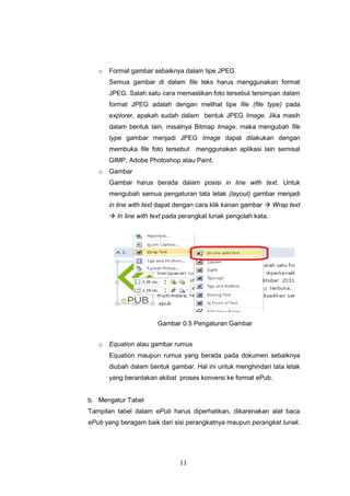 11
o Format gambar sebaiknya dalam tipe JPEG
Semua gambar di dalam file teks harus menggunakan format
JPEG. Salah satu cara memastikan foto tersebut tersimpan dalam
format JPEG adalah dengan melihat tipe file (file type) pada
explorer, apakah sudah dalam bentuk JPEG Image. Jika masih
dalam bentuk lain, misalnya Bitmap Image, maka mengubah file
type gambar menjadi JPEG Image dapat dilakukan dengan
membuka file foto tersebut menggunakan aplikasi lain semisal
GIMP, Adobe Photoshop atau Paint.
o Gambar
Gambar harus berada dalam posisi in line with text. Untuk
mengubah semua pengaturan tata letak (layout) gambar menjadi
in line with text dapat dengan cara klik kanan gambar  Wrap text
 In line with text pada perangkat lunak pengolah kata.
Gambar 0.5 Pengaturan Gambar
o Equation atau gambar rumus
Equation maupun rumus yang berada pada dokumen sebaiknya
diubah dalam bentuk gambar. Hal ini untuk menghindari tata letak
yang berantakan akibat proses konversi ke format ePub.
b. Mengatur Tabel
Tampilan tabel dalam ePub harus diperhatikan, dikarenakan alat baca
ePub yang beragam baik dari sisi perangkatnya maupun perangkat lunak.
 