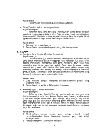 Pengelolaan:
            Pemanfaatan musuh alami Encarsia flavoscutellum.

   d. Tikus (Bandiota indica, rattus argentiventer)
      Gejala serangan:
              Tanaman tebu yang terserang menunjukkan tanda bekas keratan
      sepotong-sepotong pada batang tebu. Pada serangan berat mengakibatkan
      tanaman patah. Selain itu untuk mengetahui adanya tikus dapat pula dilihat
      jejak-jejaknya dan adanya lubang aktif dengan tanda khusus.

      Pengelolaan:
      1. Pemasangan umpan beracun
      2. Pemanfaatan musuh alami seperti kucing, ular, burung elang.

6. KELAPA
   a. Kumbang Janur Kelapa (Brontispa longissima)
      Gejala serangan:
             Larva dan serangga dewasa hidup di dalam lipatan anak daun pucuk
      yang belum membuka, Larva menggerigiti dan mengorok kulit anak daun
      secara memanjang membentuk garis-garis. Akibatnya daun tidak mau
      membuka atau hanya membuka sedikit. Daun yang terserang mudah
      menjadi kering serta salah bentuk. Dari jauh, pucuk pohon kelapa yang
      terserang nampak kisut, keriting dan kering. Hal ini berpengaruh terhadap
      produksi buah. Tandan yang akan berkurang jumlah buahnya terutama yang
      berada di ketiak daun yang terserang tersebut.

      Pengelolaan:
      1. Cara mekanis dengan mengerat sedalam-dalamnya             pucuk yang
         terserang hama.
      2. Pemanfaatan parasit larva Tetrastichus brontispae.

   b. Kumbang Nyiur (Oryctes rhinoceros)
      Gejala serangan:
            Bekas serangan dapat terlihat dari adanya potongan-potongan yang
      berbentuk segitiga pada daun kelapa. Bagian yang diserang adalah pucuk
      pohon dan pangkal daun muda, yaitu jaringan yang mengandung cairan
      yang kaya gizi. Bila titik tumbuh terserang, pohon kelapa akan mati karena
      tidak menghasilkan daun lagi. Serangan hama ini dapat mengakibatkan
      kerusakan sekunder seperti serangan kumbang tanduk kelapa, kumbang
      sagu dan cendawan.

     Pengelolaan:
     1. Membersihkan semua tempat yang diduga menjadi tempat
        perkembangbiakan hama. Membakar tanaman yang mati akibat
        serangan hama.
     2. Penggunaan jamur Metarhizium anisopliae

                                      116
 