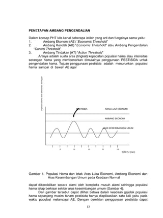 PENETAPAN AMBANG PENGENDALIAN

Dalam konsep PHT kita kenal beberapa istilah yang arti dan fungsinya sama yaitu:
1.        Ambang Ekonomi (AE) “Economic Threshold”
2.        Ambang Kendali (AK) “Economic Threshold” atau Ambang Pengendalian
   “Control Threshold”
3.        Ambang Tindakan (AT) “Action Threshold”
      Artinya adalah suatu aras (tingkat) kepadatan populasi hama atau intensitas
serangan hama yang membenarkan dimulainya penggunaan PESTISIDA untuk
pengendalian hama. Tujuan penggunaan pestisida adalah menurunkan populasi
hama sampai di bawah AE agar
       Populasi Hama atau Intensitas Serangan




                                                          PESTISIDA             ARAS LUKA EKONOMI



                                                                                AMBANG EKONOMI



                                                                           ARAS KESEIMBANGAN UMUM




                                                20   40               60   80           100
                                                                                              WAKTU (hari)




Gambar 4. Populasi Hama dan letak Aras Luka Ekonomi, Ambang Ekonomi dan
           Aras Keseimbangan Umum pada Keadaan Normal

dapat dikendalikan secara alami oleh kompleks musuh alami sehingga populasi
hama tetap berkisar sekitar aras keseimbangan umum (Gambar 4).
      Dari gambar tersebut dapat dilihat bahwa dalam keadaan gejolak populasi
hama sepanjang musim tanam pestisida hanya diaplikasikan satu kali yaitu pada
waktu populasi melampaui AE. Dengan demikian penggunaan pestisida dapat

                                                                  13
 