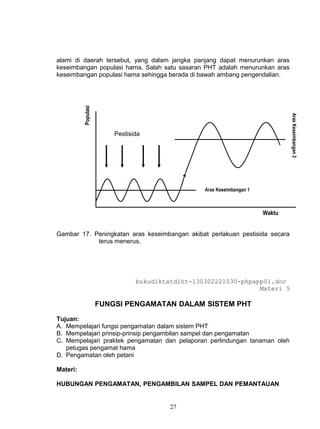 alami di daerah tersebut, yang dalam jangka panjang dapat menurunkan aras
keseimbangan populasi hama. Salah satu sasaran PHT adalah menurunkan aras
keseimbangan populasi hama sehingga berada di bawah ambang pengendalian.
          Populasi




                                                                                Aras Keseimbangan 2
                         Pestisida




                                                  Aras Keseimbangan 1



                                                                        Waktu


Gambar 17. Peningkatan aras keseimbangan akibat perlakuan pestisida secara
            terus menerus.




                                bukudiktatdiht-130302221030-phpapp01.doc
                                                                 Materi 5

                     FUNGSI PENGAMATAN DALAM SISTEM PHT

Tujuan:
A. Mempelajari fungsi pengamatan dalam sistem PHT
B. Mempelajari prinsip-prinsip pengambilan sampel dan pengamatan
C. Mempelajari praktek pengamatan dan pelaporan perlindungan tanaman oleh
   petugas pengamat hama
D. Pengamatan oleh petani

Materi:

HUBUNGAN PENGAMATAN, PENGAMBILAN SAMPEL DAN PEMANTAUAN


                                         27
 