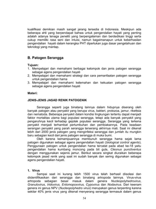 kualifikasi demikian masih sangat jarang tersedia di Indonesia. Meskipun ada
beberapa ahli yang berpendapat bahwa untuk pengendalian hayati yang penting
adalah adanya tenaga peneliti yang berpengalaman dan berdedikasi tinggi serta
cukup memiliki rasa seni dan intuisi, namun bagaimanapun untuk keberhasilan
pengendalian hayati dalam kerangka PHT diperlukan juga dasar pengetahuan dan
teknologi yang mantap.


B. Patogen Serangga

Tujuan:
1. Mempelajari dan memahami berbagai kelompok dan jenis patogen serangga
   sebagai agens pengendalian hayati
2. Mempelajari dan memahami strategi dan cara pemanfaatan patogen serangga
   untuk pengendalian hama
3. Mempelajari dan memahami kelemahan dan kekuatan patogen serangga
   sebagai agens pengendalian hayati

Materi:

JENIS-JENIS JASAD RENIK PATOGENIK

       Serangga seperti juga binatang lainnya dalam hidupnya diserang oleh
banyak patogen atau penyakit yang berupa virus, bakteri, protozoa, jamur, rikettsia
dan nematoda. Beberapa penyakit dalam kondisi lingkungan tertentu dapat menjadi
faktor mortalitas utama bagi populasi serangga, tetapi ada banyak penyakit yang
pengaruhnya kecil terhadap gejolak populasi serangga. Serangga yang terkena
penyakit menjadi terhambat pertumbuhan dan pembiakannya. Pada keadaan
serangan penyakit yang parah serangga terserang akhirnya mati. Saat ini dikenal
lebih dari 2000 jenis patogen yang menginfeksi serangga dan jumlah itu mungkin
baru sebagian kecil dari jenis patogen serangga di muka bumi.
       Oleh karena kemampuannya membunuh serangga hama sejak lama
patogen digunakan sebagai agens pengendalian hayati (biological control agents).
Penggunaan patogen untuk pengendalian hama tercatat pada abad ke-18 yaitu
pengendalian hama kumbang moncong pada bit gula, Cleonus punctiventus
dengan menggunakan sejenis jamur. Berikut secara singkat diuraikan beberapa
kelompok jasad renik yang saat ini sudah banyak dan sering digunakan sebagai
agens pengendalian hayati.


1. Virus
       Sampai saat ini kurang lebih 1500 virus telah berhasil diisolasi dan
diidentifikasikan dari serangga dan binatang artropoda lainnya. Virus-virus
artropoda sebagian besar masuk dalam genera Nucleopolyhedrovirus,
Granulovirus, Iridovirus, Entomopoxvirus, Cypovirus dan Nodavirus. Dari keenam
genera ini genus NPV (Nucleopolyhedro virus) merupakan genus terpenting karena
sekitar 40% jenis virus yang dikenal menyerang serangga termasuk dalam genus

                                        54
 
