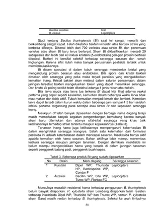 Bacillus popilliae                    Uret
               B. cereus                             Lepidoptera

       Studi tentang Bacilus thuringiensis (Bt) saat ini sangat menarik dan
berkembang sangat cepat. Telah diketahui bakteri ini terdiri atas banyak strain yang
berbeda sifatnya. Dikenal lebih dari 700 varietas atau strain Bt, dan penemuan
varietas atau strain Bt baru terus berlanjut. Strain Bt diklasifikasikan menjadi 29
subspesies dan lebih dari 40 inklusi kristalin (δ-endotoksin) gen-gen protein berhasil
diisolasi. Bakteri ini bersifat selektif terhadap serangga sasaran dan ramah
lingkungan. Karena sifat itulah maka banyak perusahaan pestisida tertarik untuk
memformulasikannya.
       Bt dalam sporulasi di dalam tubuh serangga membentuk kristal yang
mengandung protein beracun atau endotoksin. Bila spora dan kristal bakteri
dimakan oleh serangga yang peka maka terjadi paralisis yang mengakibatkan
kematian inang. Kristal bakteri akan melarut dalam saluran pencernaan, dalam
jaringan tersebut bakteri mengeluarkan toksin yang dapat mematikan serangga.
Dari kristal Bt paling sedikit telah diketahui adanya 4 jenis racun atau toksin.
       Bila larva muda atau larva tua terkena Bt dapat kita lihat adanya reaksi
pertama yang cepat seperti kesakitan, kemudian dalam beberapa waktu larva tidak
mau makan dan tidak aktif. Tubuh kemudian menjadi lemah dan lembek. Kematian
larva dapat terjadi dalam kurun waktu dalam beberapa jam sampai 4 5 hari setelah
infeksi pertama tergantung pada serotipe atau strain Bt dan kepekaan serangga
inang.
       Meskipun Bt telah banyak dipasarkan dengan berbagai nama dagang tetapi
masih memerlukan banyak kegiatan pengembangan berhubung karena banyak
strain baru ditemukan dan adanya sifat-sifat serangga yang khas baik
ketahanannya terhadap strain tertentu maupun kepekaannya (Tabel 3).
       Tanaman inang hama juga kelihatannya mempengaruhi keberhasilan Bt
dalam menginfeksi serangga inangnya. Salah satu kelemahan dari formulasi
pestisida ini adalah keterbatasan dalam mencapai sasaran. Insektisida hanya aktif
apabila termakan oleh hama sasaran. Bahan aktifnya tidak mampu menembus
kutikula serangga maupun jaringan tanaman. Dengan demikian insektisida ini
belum mampu mengendalikan hama yang berada di dalam jaringan tanaman
seperti penggerek batang padi, penggerek buah kapas.

              Tabel 3. Beberapa produk Bt yang sudah dipasarkan
            No      Strain           Merk dagang        Serangga sasaran
            1   Kurstaki       Dipel WP, Thuricide Lepidoptera
                               HP, Bactospeine WP,
                               Condor F
            2   Aizawai        Bacillin WP, Bite WP, Lepidoptera
                               Turex WP, Florbac FC

       Munculnya masalah resistensi hama terhadap penggunaan B. thuringiensis
belum banyak dilaporkan. P. xylostella strain Lembang dilaporkan telah resisten
terhadap insektisida Dipel WP, Thuricide WP dan Thurex WP, namun P. xylostella
strain Garut masih rentan terhadap B. thuringiensis. Seleksi ke arah timbulnya
                                         58
 