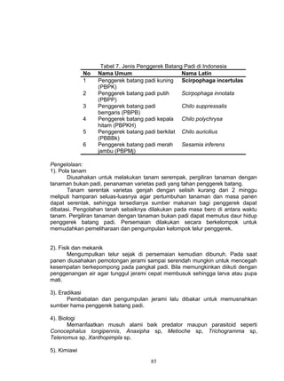 Tabel 7. Jenis Penggerek Batang Padi di Indonesia
              No   Nama Umum                       Nama Latin
              1    Penggerek batang padi kuning Scirpophaga incertulas
                   (PBPK)
              2    Penggerek batang padi putih     Scirpophaga innotata
                   (PBPP)
              3    Penggerek batang padi           Chilo suppressalis
                   berrgaris (PBPB)
              4    Penggerek batang padi kepala Chilo polychrysa
                   hitam (PBPKH)
              5    Penggerek batang padi berkilat Chilo auricilius
                   (PBBBk)
              6    Penggerek batang padi merah     Sesamia inferens
                   jambu (PBPMj)

Pengelolaan:
1). Pola tanam
       Diusahakan untuk melakukan tanam serempak, pergiliran tanaman dengan
tanaman bukan padi, penanaman varietas padi yang tahan penggerek batang.
       Tanam serentak varietas genjah dengan selisih kurang dari 2 minggu
meliputi hamparan seluas-luasnya agar pertumbuhan tanaman dan masa panen
dapat serentak, sehingga tersedianya sumber makanan bagi penggerek dapat
dibatasi. Pengolahan tanah sebaiknya dilakukan pada masa bero di antara waktu
tanam. Pergiliran tanaman dengan tanaman bukan padi dapat memutus daur hidup
penggerek batang padi. Persemaian dilakukan secara berkelompok untuk
memudahkan pemeliharaan dan pengumpulan kelompok telur penggerek.


2). Fisik dan mekanik
        Mengumpulkan telur sejak di persemaian kemudian dibunuh. Pada saat
panen diusahakan pemotongan jerami sampai serendah mungkin untuk mencegah
kesempatan berkepompong pada pangkal padi. Bila memungkinkan diikuti dengan
penggenangan air agar tunggul jerami cepat membusuk sehingga larva atau pupa
mati.

3). Eradikasi
       Pembabatan dan pengumpulan jerami lalu dibakar untuk memusnahkan
sumber hama penggerek batang padi.

4). Biologi
        Memanfaatkan musuh alami baik predator maupun parasitoid seperti
Conocephalus longipennis, Anaxipha sp, Metioche sp, Trichogramma sp,
Telenomus sp, Xanthopimpla sp.

5). Kimiawi
                                     85
 