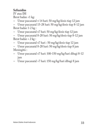 33Ikatan Dokter Anak Indonesia
Seftazidim
IV atau IM
Berat badan <1 kg:
−− Umur pascanatal ≤ 14 hari: 50 mg/kg/dosis tiap 12 jam
−− Umur pascanatal 15-28 hari: 50 mg/kg/dosis tiap 8-12 jam
Berat badan 1-2 kg :
−− Umur pascanatal ≤7 hari: 50 mg/kg/dosis tiap 12 jam
−− Umur pascanatal 8-28 hari: 50 mg/kg/dosis tiap 8-12 jam
Berat badan > 2 kg :
−− Umur pascanatal ≤7 hari : 50 mg/kg/dosis tiap 12 jam
−− Umur pascanatal 8-28 hari: 50 mg/kg/dosis tiap 8 jam
Meningitis :
−− Umur pascanatal ≤7 hari: 100-150 mg/kg/hari dibagi 8-12
jam
−− Umur pascanatal >7 hari: 150 mg/kg/hari dibagi 8 jam
 