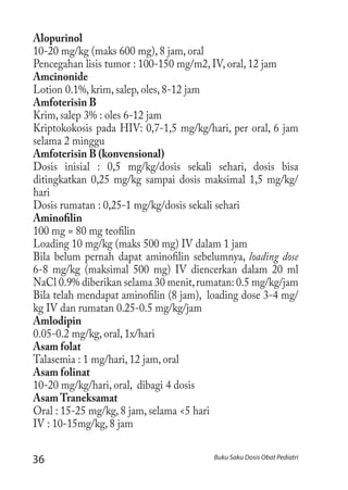 36 Buku Saku Dosis Obat Pediatri
Alopurinol
10-20 mg/kg (maks 600 mg), 8 jam, oral
Pencegahan lisis tumor : 100-150 mg/m2, IV, oral, 12 jam
Amcinonide
Lotion 0.1%, krim, salep, oles, 8-12 jam
Amfoterisin B
Krim, salep 3% : oles 6-12 jam
Kriptokokosis pada HIV: 0,7-1,5 mg/kg/hari, per oral, 6 jam
selama 2 minggu
Amfoterisin B (konvensional)
Dosis inisial : 0,5 mg/kg/dosis sekali sehari, dosis bisa
ditingkatkan 0,25 mg/kg sampai dosis maksimal 1,5 mg/kg/
hari
Dosis rumatan : 0,25-1 mg/kg/dosis sekali sehari
Aminofilin
100 mg = 80 mg teofilin
Loading 10 mg/kg (maks 500 mg) IV dalam 1 jam
Bila belum pernah dapat aminofilin sebelumnya, loading dose
6-8 mg/kg (maksimal 500 mg) IV diencerkan dalam 20 ml
NaCl 0.9% diberikan selama 30 menit,rumatan: 0.5 mg/kg/jam
Bila telah mendapat aminofilin (8 jam), loading dose 3-4 mg/
kg IV dan rumatan 0.25-0.5 mg/kg/jam
Amlodipin
0.05-0.2 mg/kg, oral, 1x/hari
Asam folat
Talasemia : 1 mg/hari, 12 jam, oral
Asam folinat
10-20 mg/kg/hari, oral, dibagi 4 dosis
AsamTraneksamat
Oral : 15-25 mg/kg, 8 jam, selama <5 hari
IV : 10-15mg/kg, 8 jam
 