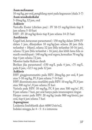37Ikatan Dokter Anak Indonesia
Asam mefenamat
10 mg/kg,per oral,penghilang nyeri pada keganasan (skala 3-7)
Asam ursodeoksikolat
5-10mg/kg, 12 jam, oral
Asiklovir
Varicella Zoster (chicken pox) : IV 10-15 mg/kg/dosis tiap 8
jam selama 5-10 hari
HSV : IV 20 mg/kg/dosis tiap 8 jam selama 14-21 hari
Asetilsistein
Gagal hati, keracunan parasetamol : 150 mg/kg dalam D5% IV
dalam 1 jam, dilanjutkan 10 mg/kg/jam selama 20 jam (bila
terlambat < 10jam), selama 32 jam (bila terlambat 10-16 jam),
selama 72 jam (bila terlambat > 16 jam), dan lebih lama bila os
masih ensefalopati : 140 mg/kg oral segera,kemudian 70 mg/kg
tiap 4 jam selama 72 jam.
Monitor kadar Kalium darah
Berikan jika parasetamol >150 mg/L pada 4 jam, >75 mg/L
pada 8 jam, >32.5 mg pada 12 jam
Asiklovir
HSV ginggivostomatitis pada HIV: 20mg/kg, per oral, 8 jam
atau 5-10 mg/kg, IV, 8 jam selama 7-14 hari
HSV diseminata atau ensefalitis pada HIV: 10 mg/kg,IV,8 jam
atau 500 mg/m2
, 8 jam selama 21 hari
Varisela pada HIV: 10 mg/kg, IV, 8 jam atau 500 mg/m2
, IV,
8 jam selama 7 hari, per oral hanya pada imunosupresi ringan
Herpes zoster pada HIV: 20 mg/kg (maks 800 mg/dosis), per
oral, tiap 6 jam selama 7 hari
Asparaginase
Leukemia limfoblastik akut: 6000 Unit/m2,
Induksi minggu, ke 4 – 5 : 6 x intravena
 