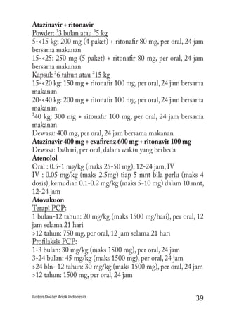 39Ikatan Dokter Anak Indonesia
Atazinavir + ritonavir
Powder: ³3 bulan atau ³5 kg
5-<15 kg: 200 mg (4 paket) + ritonafir 80 mg, per oral, 24 jam
bersama makanan
15-<25: 250 mg (5 paket) + ritonafir 80 mg, per oral, 24 jam
bersama makanan
Kapsul: ³6 tahun atau ³15 kg
15-<20 kg: 150 mg + ritonafir 100 mg,per oral,24 jam bersama
makanan
20-<40 kg: 200 mg + ritonafir 100 mg,per oral,24 jam bersama
makanan
³40 kg: 300 mg + ritonafir 100 mg, per oral, 24 jam bersama
makanan
Dewasa: 400 mg, per oral, 24 jam bersama makanan
Atazinavir 400 mg + evafirenz 600 mg + ritonavir 100 mg
Dewasa: 1x/hari, per oral, dalam waktu yang berbeda
Atenolol
Oral : 0.5-1 mg/kg (maks 25-50 mg), 12-24 jam, IV
IV : 0.05 mg/kg (maks 2.5mg) tiap 5 mnt bila perlu (maks 4
dosis),kemudian 0.1-0.2 mg/kg (maks 5-10 mg) dalam 10 mnt,
12-24 jam
Atovakuon
Terapi PCP:
1 bulan-12 tahun: 20 mg/kg (maks 1500 mg/hari), per oral, 12
jam selama 21 hari
>12 tahun: 750 mg, per oral, 12 jam selama 21 hari
Profilaksis PCP:
1-3 bulan: 30 mg/kg (maks 1500 mg), per oral, 24 jam
3-24 bulan: 45 mg/kg (maks 1500 mg), per oral, 24 jam
>24 bln- 12 tahun: 30 mg/kg (maks 1500 mg), per oral, 24 jam
>12 tahun: 1500 mg, per oral, 24 jam
 