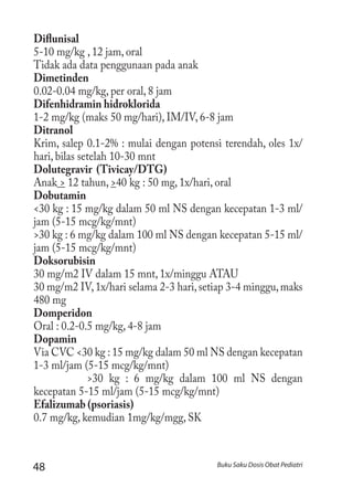 48 Buku Saku Dosis Obat Pediatri
Diflunisal
5-10 mg/kg , 12 jam, oral
Tidak ada data penggunaan pada anak
Dimetinden
0.02-0.04 mg/kg, per oral, 8 jam
Difenhidramin hidroklorida
1-2 mg/kg (maks 50 mg/hari), IM/IV, 6-8 jam
Ditranol
Krim, salep 0.1-2% : mulai dengan potensi terendah, oles 1x/
hari, bilas setelah 10-30 mnt
Dolutegravir (Tivicay/DTG)
Anak > 12 tahun, >40 kg : 50 mg, 1x/hari, oral
Dobutamin
<30 kg : 15 mg/kg dalam 50 ml NS dengan kecepatan 1-3 ml/
jam (5-15 mcg/kg/mnt)
>30 kg : 6 mg/kg dalam 100 ml NS dengan kecepatan 5-15 ml/
jam (5-15 mcg/kg/mnt)
Doksorubisin
30 mg/m2 IV dalam 15 mnt, 1x/minggu ATAU
30 mg/m2 IV,1x/hari selama 2-3 hari,setiap 3-4 minggu,maks
480 mg
Domperidon
Oral : 0.2-0.5 mg/kg, 4-8 jam
Dopamin
Via CVC <30 kg : 15 mg/kg dalam 50 ml NS dengan kecepatan
1-3 ml/jam (5-15 mcg/kg/mnt)
	 >30 kg : 6 mg/kg dalam 100 ml NS dengan
kecepatan 5-15 ml/jam (5-15 mcg/kg/mnt)
Efalizumab (psoriasis)
0.7 mg/kg, kemudian 1mg/kg/mgg, SK
 