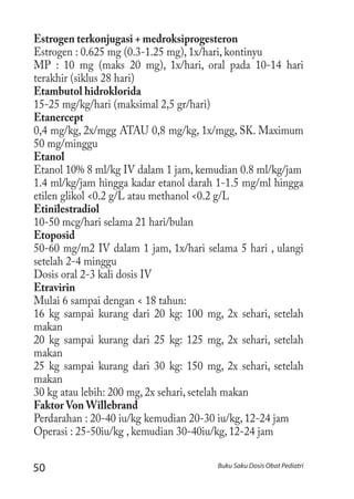 50 Buku Saku Dosis Obat Pediatri
Estrogen terkonjugasi + medroksiprogesteron
Estrogen : 0.625 mg (0.3-1.25 mg), 1x/hari, kontinyu
MP : 10 mg (maks 20 mg), 1x/hari, oral pada 10-14 hari
terakhir (siklus 28 hari)
Etambutol hidroklorida
15-25 mg/kg/hari (maksimal 2,5 gr/hari)
Etanercept
0,4 mg/kg, 2x/mgg ATAU 0,8 mg/kg, 1x/mgg, SK. Maximum
50 mg/minggu
Etanol
Etanol 10% 8 ml/kg IV dalam 1 jam, kemudian 0.8 ml/kg/jam
1.4 ml/kg/jam hingga kadar etanol darah 1-1.5 mg/ml hingga
etilen glikol <0.2 g/L atau methanol <0.2 g/L
Etinilestradiol
10-50 mcg/hari selama 21 hari/bulan
Etoposid
50-60 mg/m2 IV dalam 1 jam, 1x/hari selama 5 hari , ulangi
setelah 2-4 minggu
Dosis oral 2-3 kali dosis IV
Etravirin
Mulai 6 sampai dengan < 18 tahun:
16 kg sampai kurang dari 20 kg: 100 mg, 2x sehari, setelah
makan
20 kg sampai kurang dari 25 kg: 125 mg, 2x sehari, setelah
makan
25 kg sampai kurang dari 30 kg: 150 mg, 2x sehari, setelah
makan
30 kg atau lebih: 200 mg, 2x sehari, setelah makan
Faktor Von Willebrand
Perdarahan : 20-40 iu/kg kemudian 20-30 iu/kg, 12-24 jam
Operasi : 25-50iu/kg , kemudian 30-40iu/kg, 12-24 jam
 
