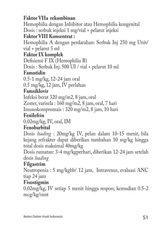 51Ikatan Dokter Anak Indonesia
Faktor VIIa rekombinan
Hemophilia dengan Inhibitor atau Hemophilia kongenital
Dosis : serbuk injeksi 1 mg/vial + pelarut injeksi
Faktor VIII Konsentrat :
Hemophilia A dengan perdarahan: Serbuk Inj 250 mg Unit/
vial + pelarut 5 ml
Faktor IX komplek
Defisiensi F IX (Hemophilia B)
Dosis : Serbuk Inj. 500 UI / vial + pelarut 10 ml
Famotidin
0.5-1 mg/kg, 12-24 jam oral
0.5 mg/kg, 12 jam, IV perlahan
Famsiklovir
Infeksi berat 320 mg/m2, 8 jam, oral
Zoster, varisela : 160 mg/m2, 8 jam, oral, 7 hari
Imunokompromais : 320 mg/m2, 8 jam, 10 hari
Fenilefrin
0.02mg/kg, IV, oral, IM
Fenobarbital
Dosis loading : 20mg/kg IV, pelan dalam 10-15 menit, bila
kejang refrakter dapat diberikan tambahan 10 mg/kg hingga
total dosis maksimal 40mg/kg
Dosis rumatan: 3-4 mg/kgperhari, diberikan 12-24 jam setelah
dosis loading
Filgastrim
Neutropenia : 5 mg/kgbb/ 12 jam, Intravenus, evaluasi ANC
tiap 24 jam
Fisostigmin
0.02mg/kg, IV setiap 5 menit hingga respon; kemudian 0.5-2
mcg/kg/mnt
 